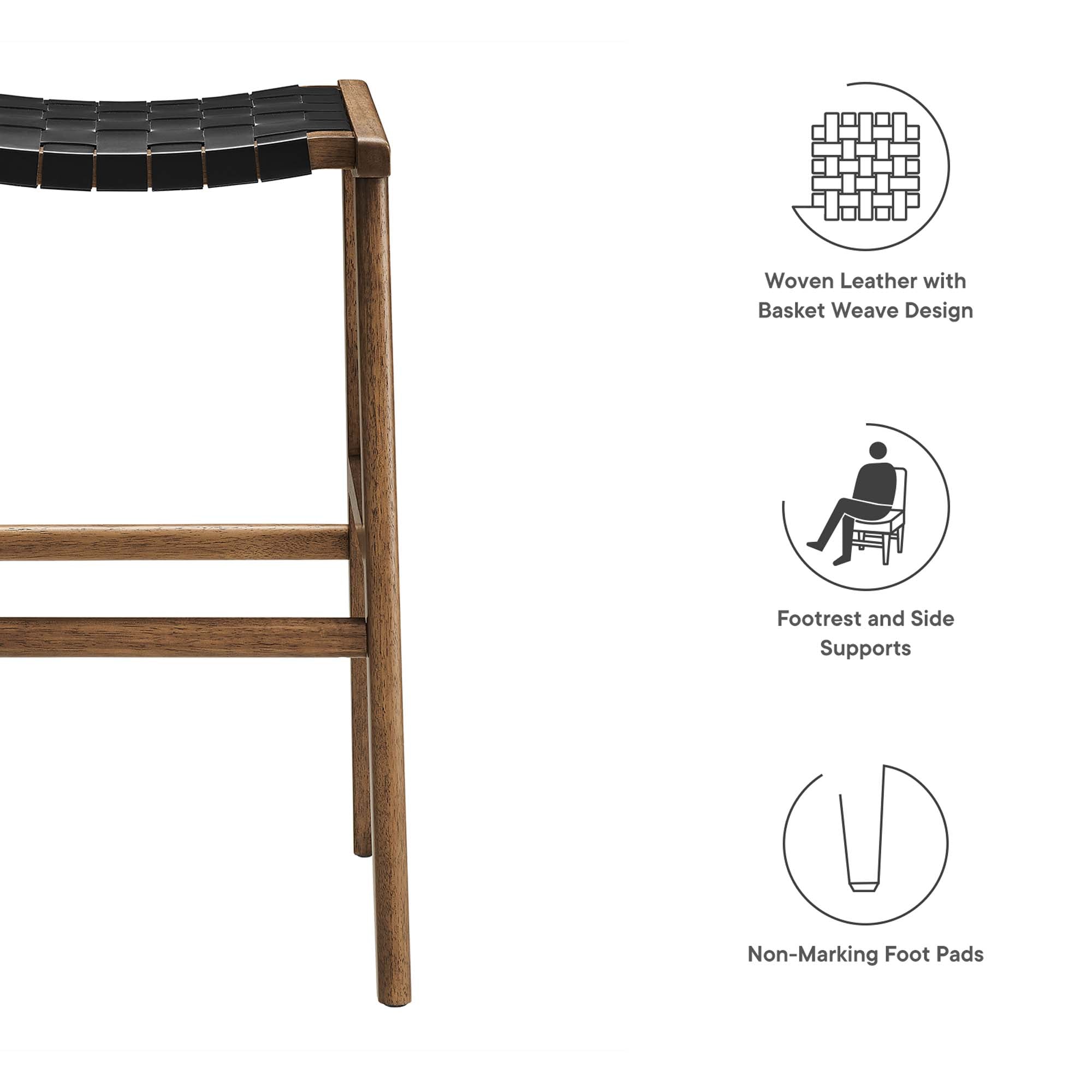 Saoirse Leather Wood Bar Stool Set of 2, Walnut Black