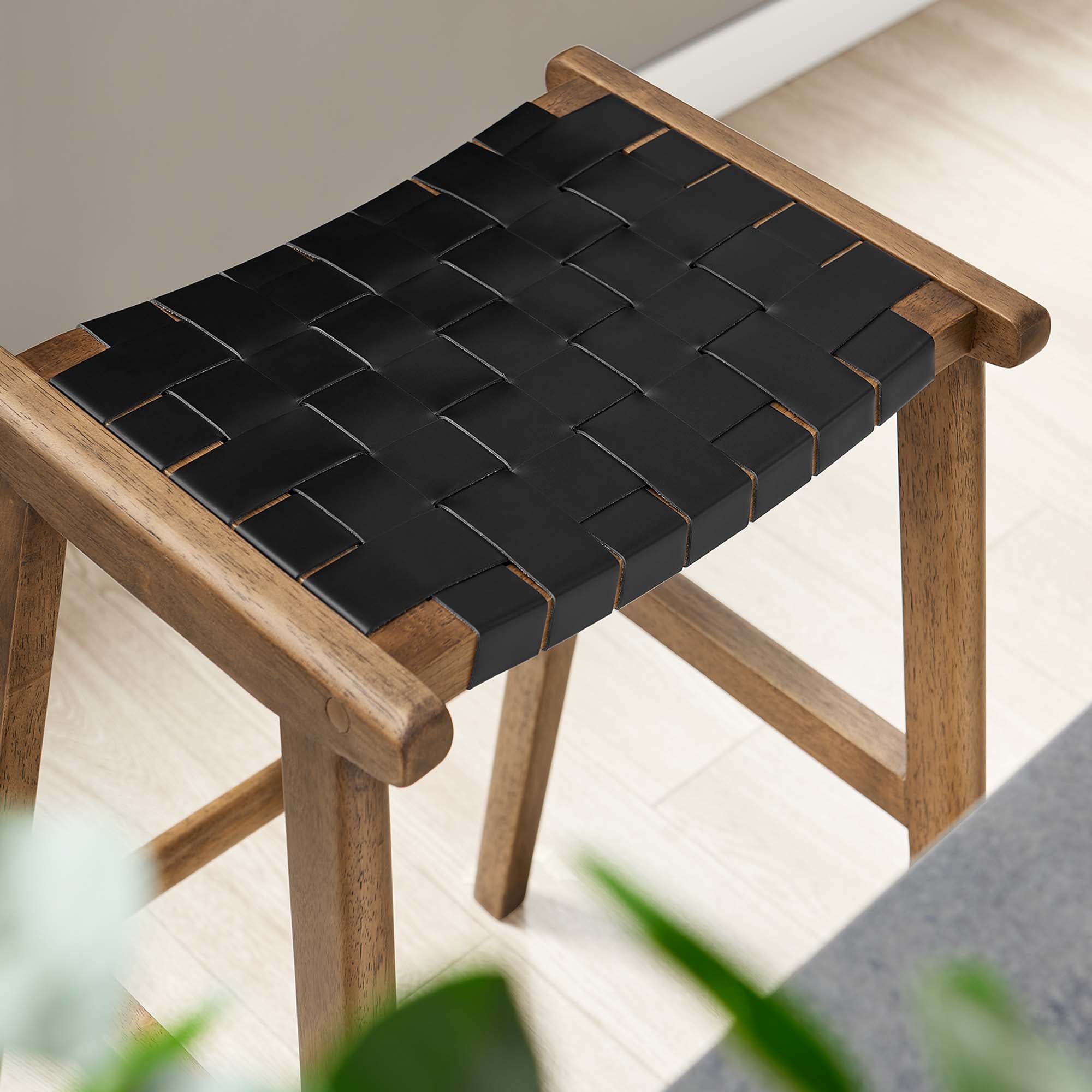 Saoirse Leather Wood Bar Stool Set of 2, Walnut Black