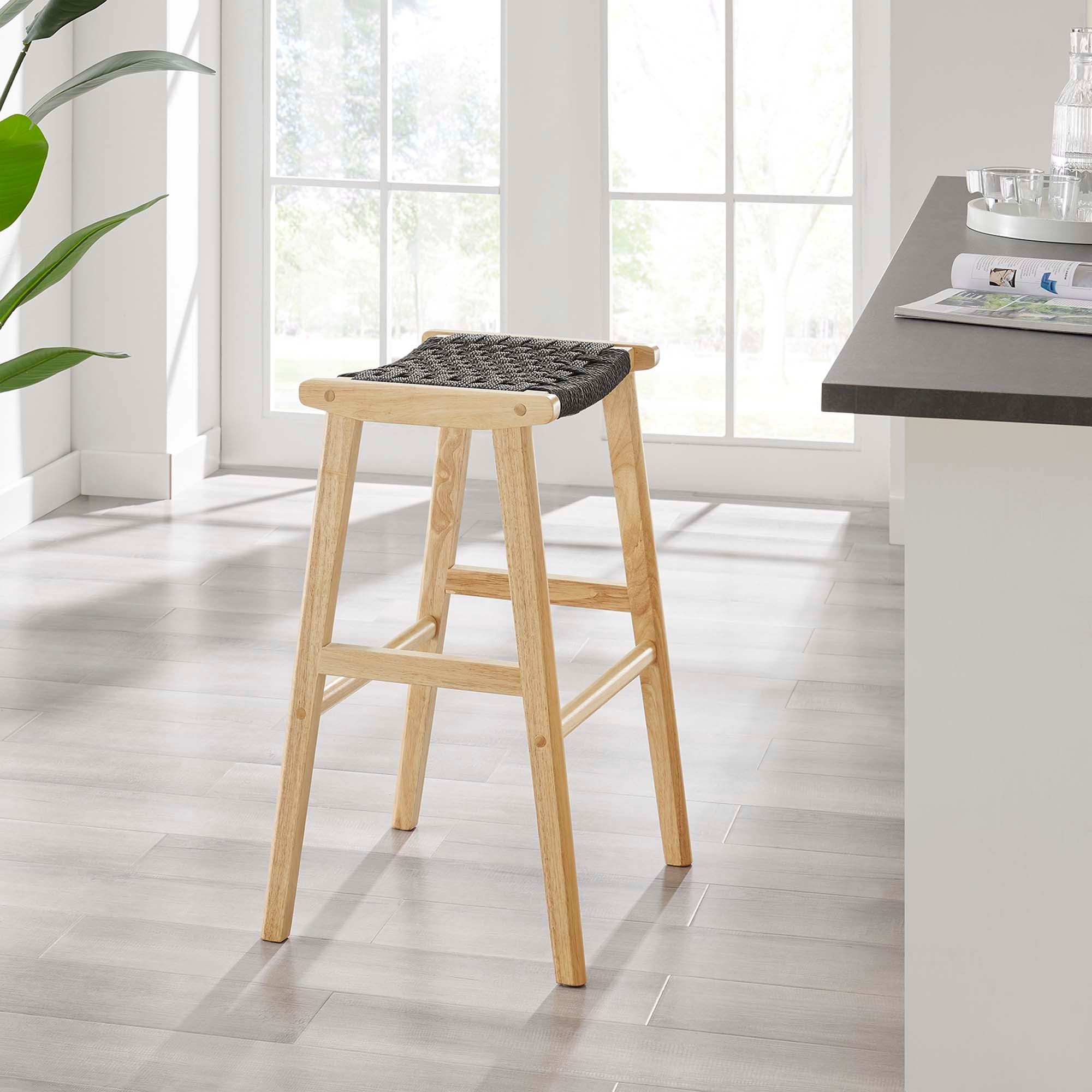 Saoirse Woven Rope Wood Bar Stool Set of 2, Natural Black