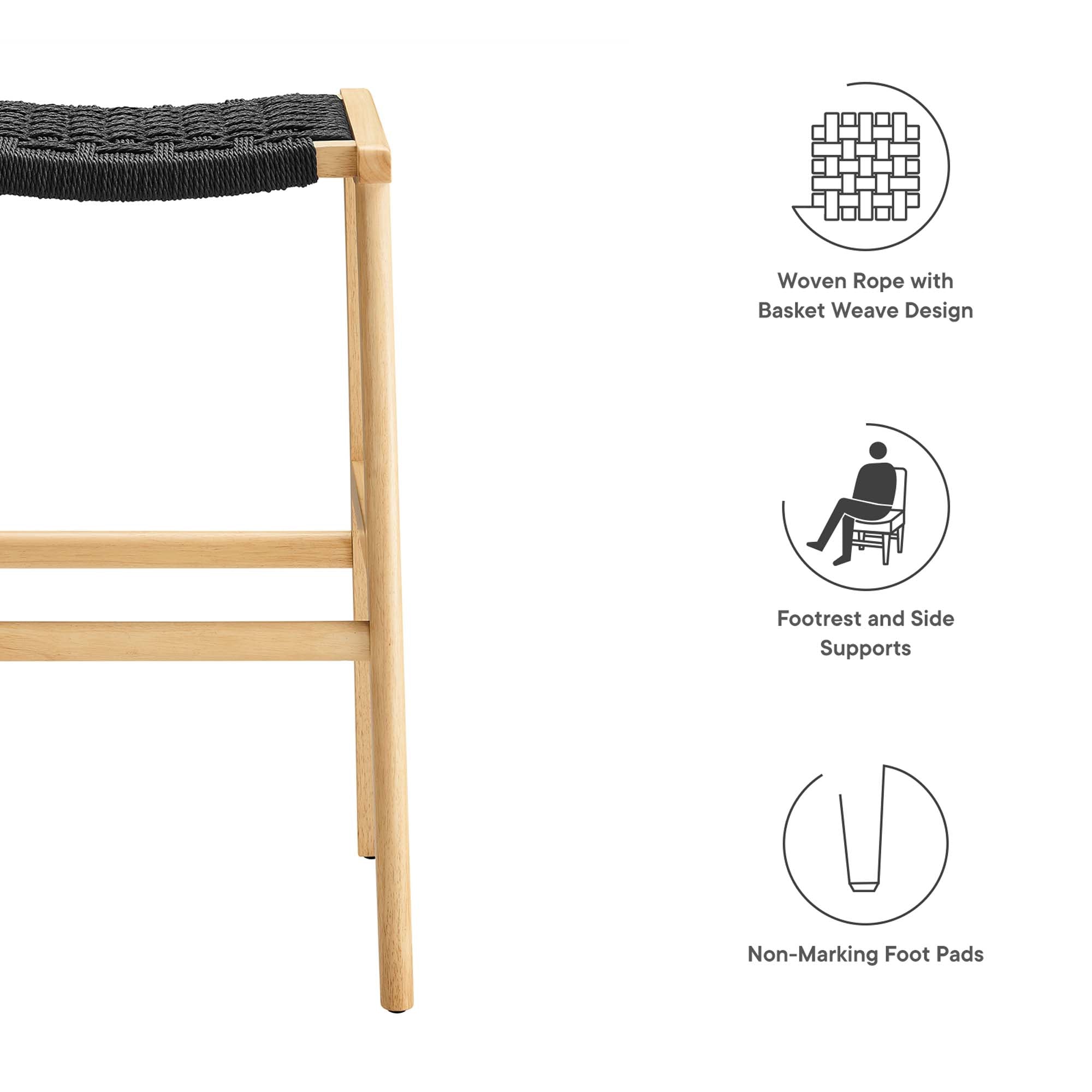 Saoirse Woven Rope Wood Bar Stool Set of 2, Natural Black