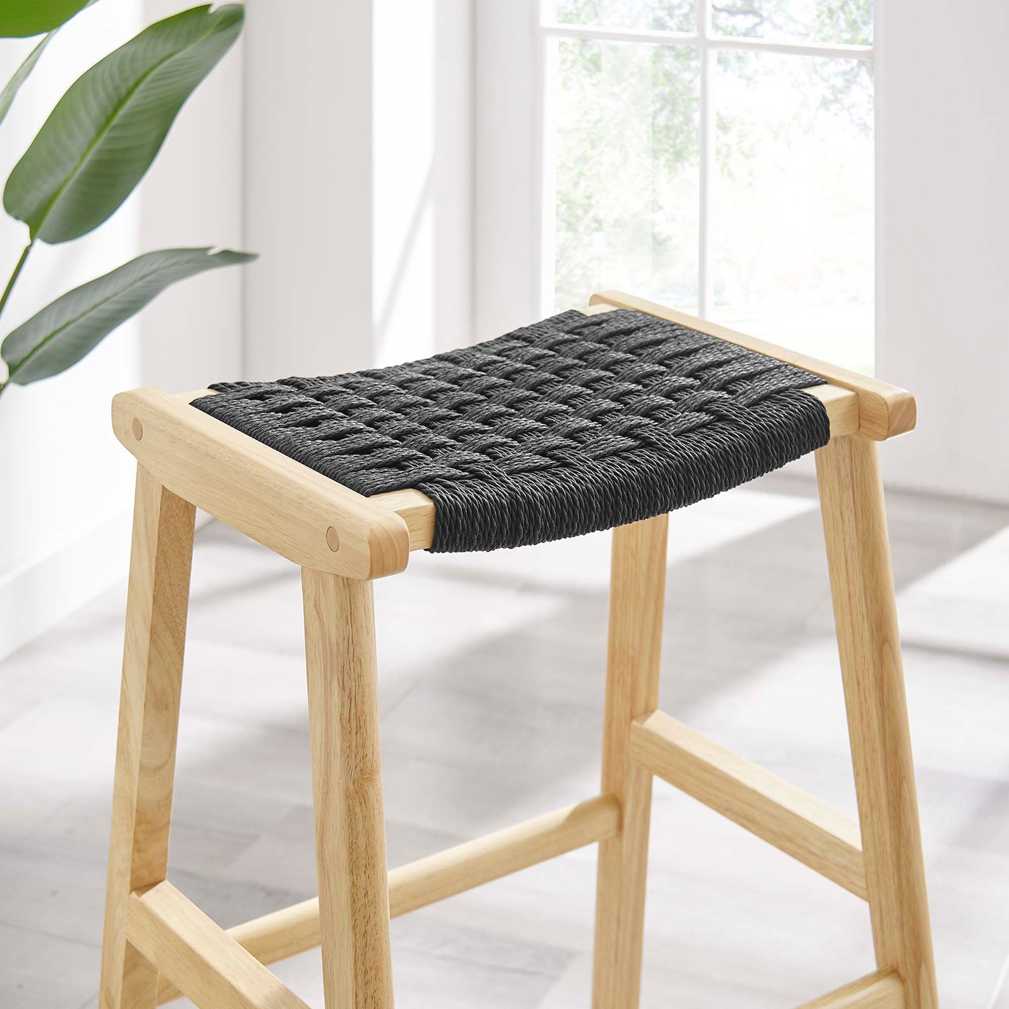 Saoirse Woven Rope Wood Bar Stool Set of 2, Natural Black