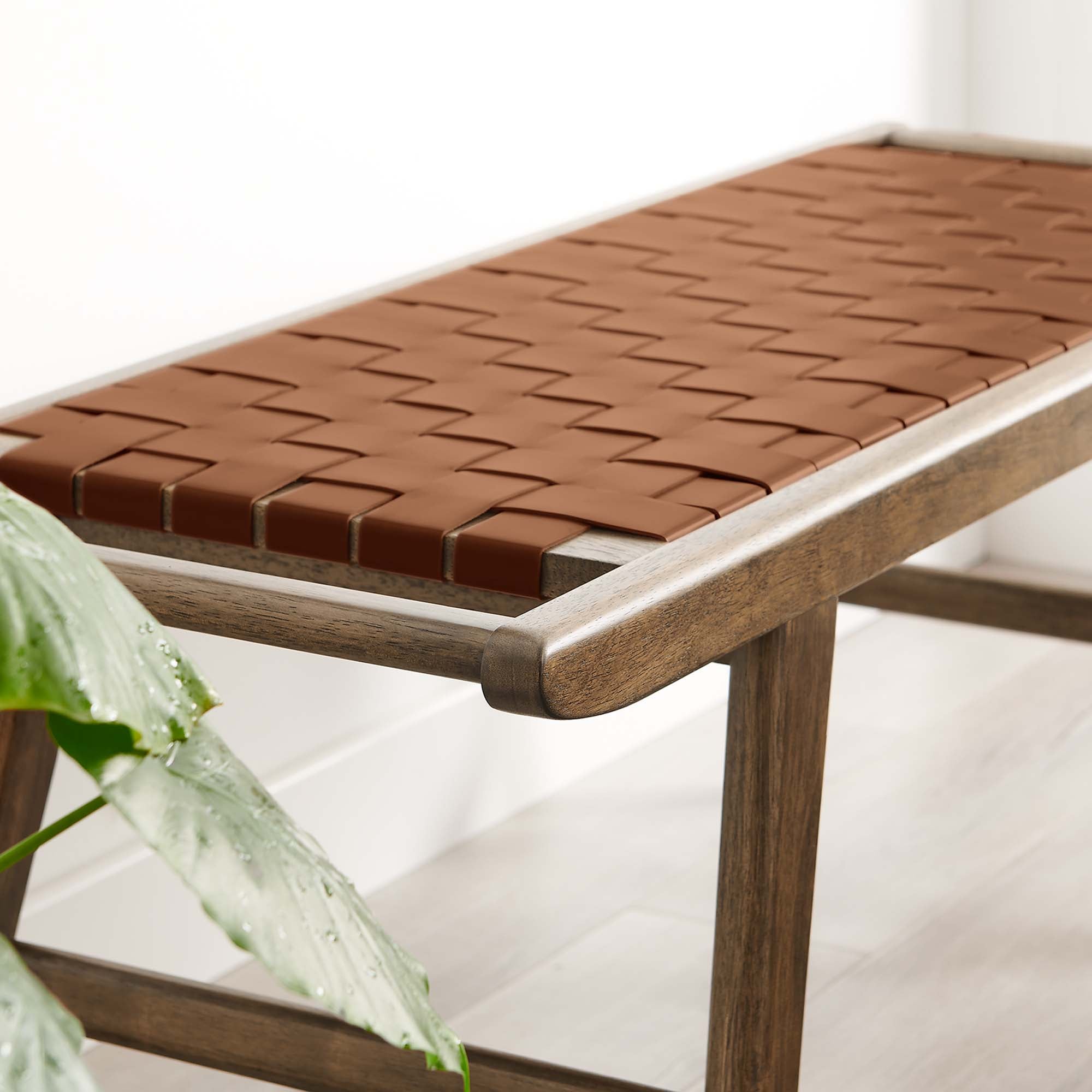 Saoirse 47" Faux Leather Wood Bench, Walnut Brown
