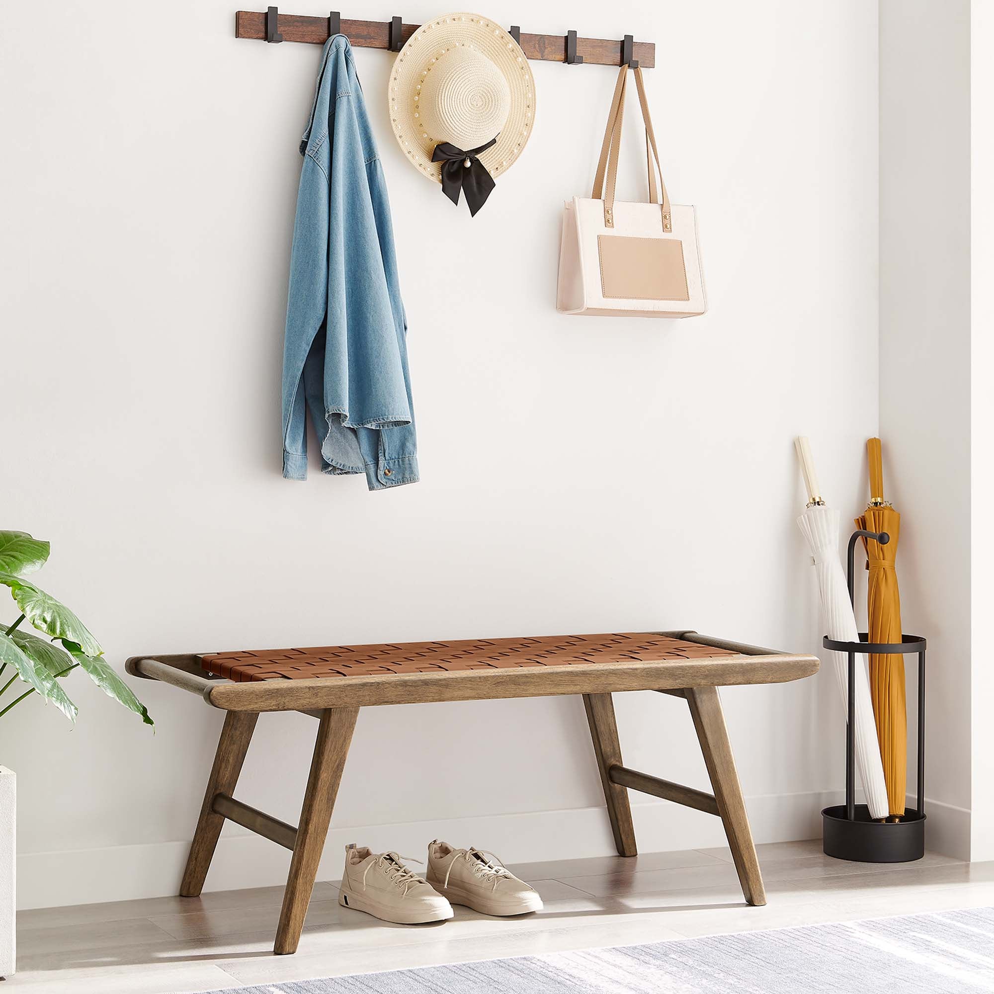 Saoirse 47" Faux Leather Wood Bench, Walnut Brown