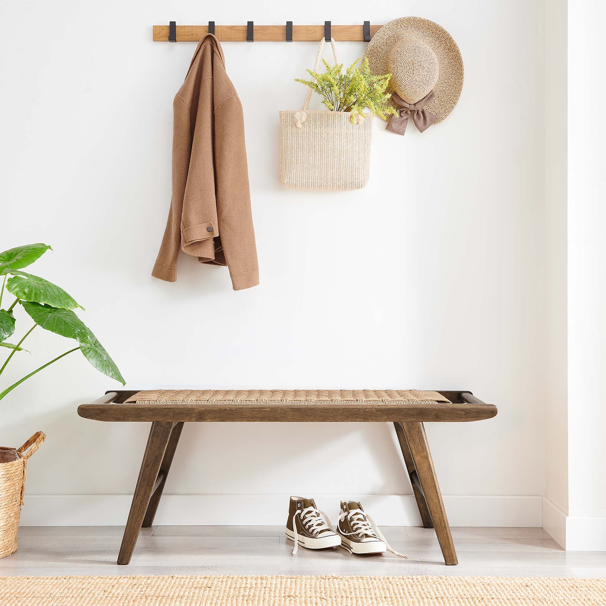 Saoirse 47" Wove Rope Wood Bench, Walnut Natural