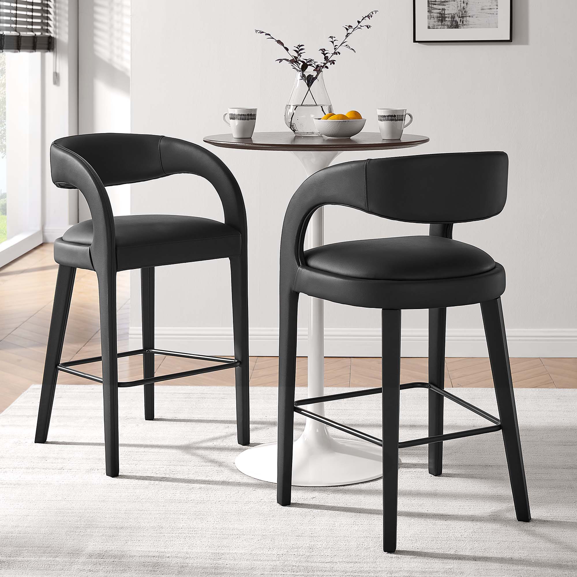 Pinnacle Vegan Leather Bar Stool Set of 2, Black Black