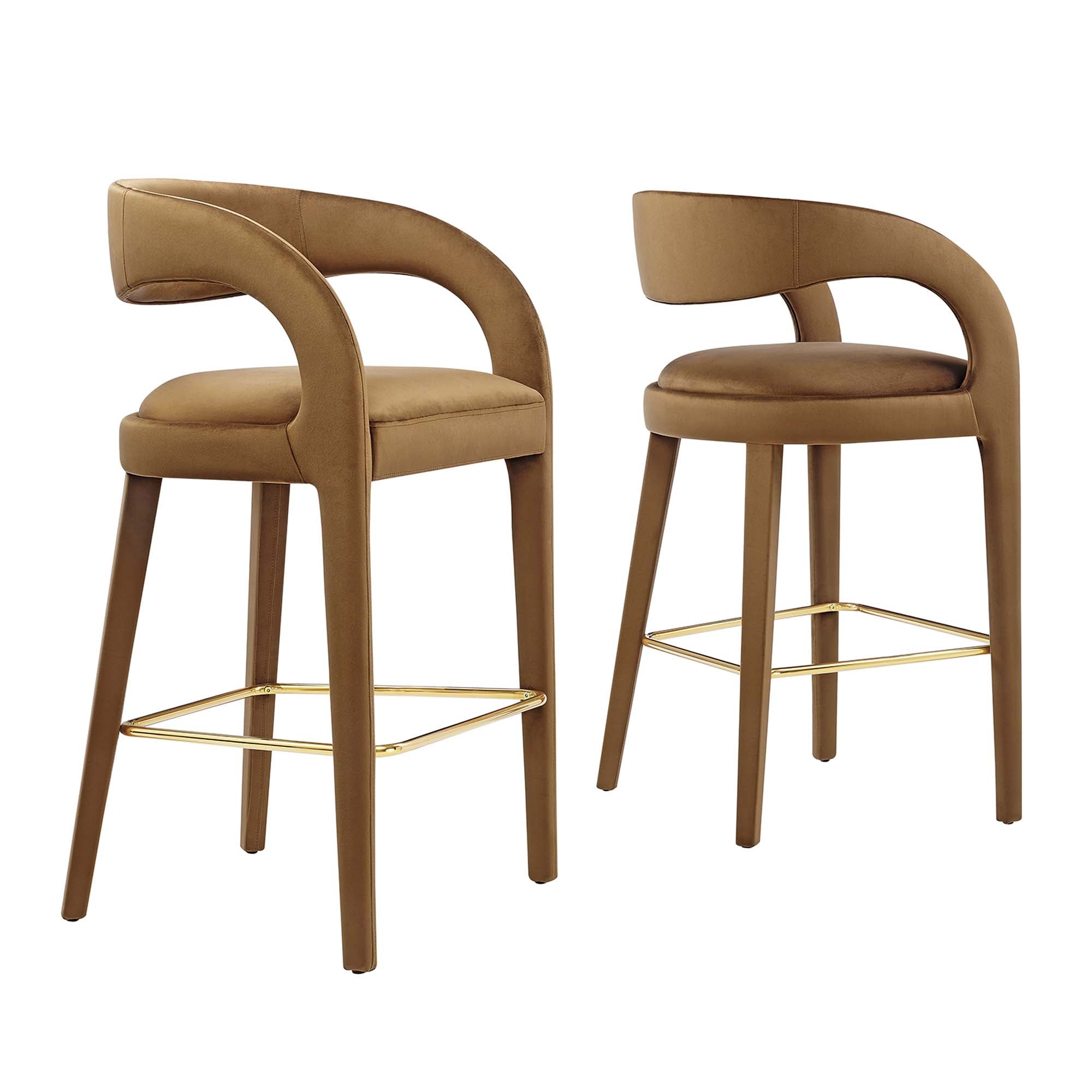 Pinnacle Performance Velvet Bar Stool Set of 2, Brown Gold