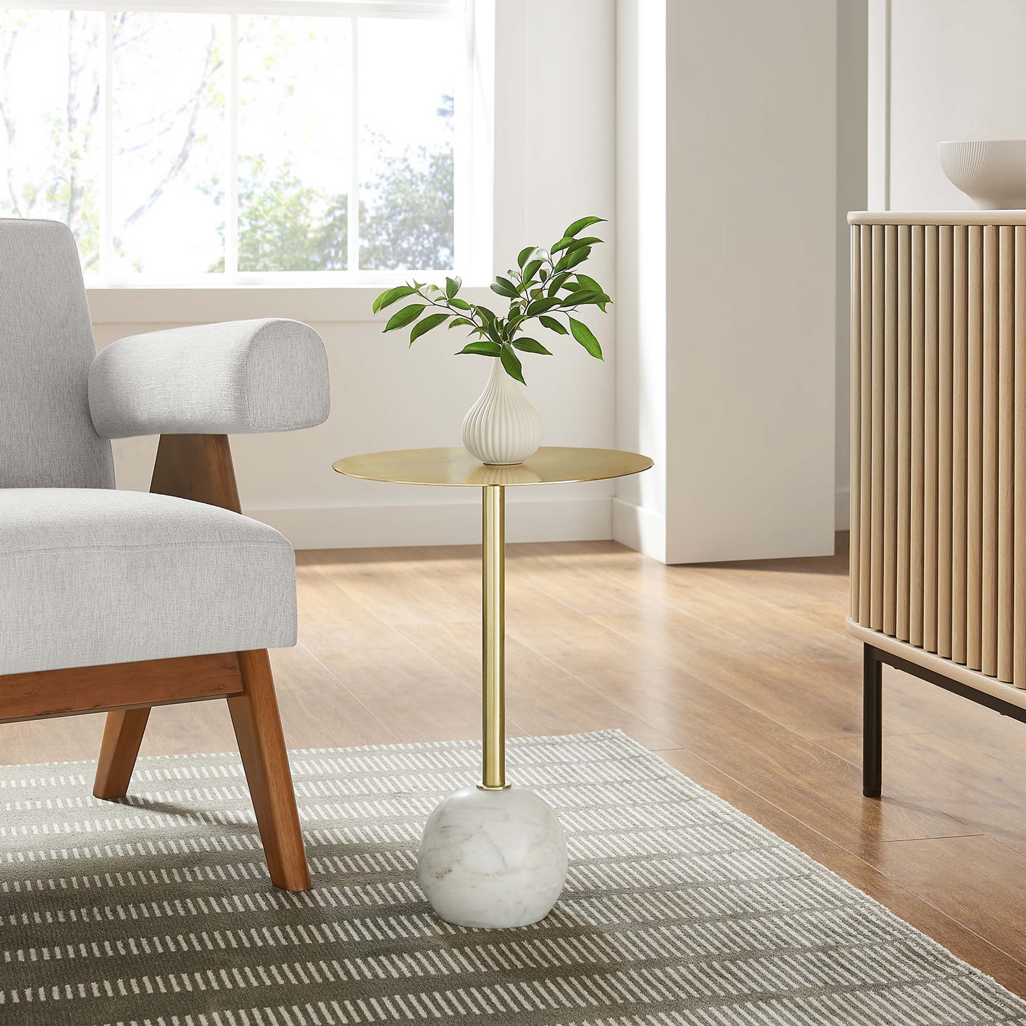 Aliza Round White Marble Side Table, White Brass