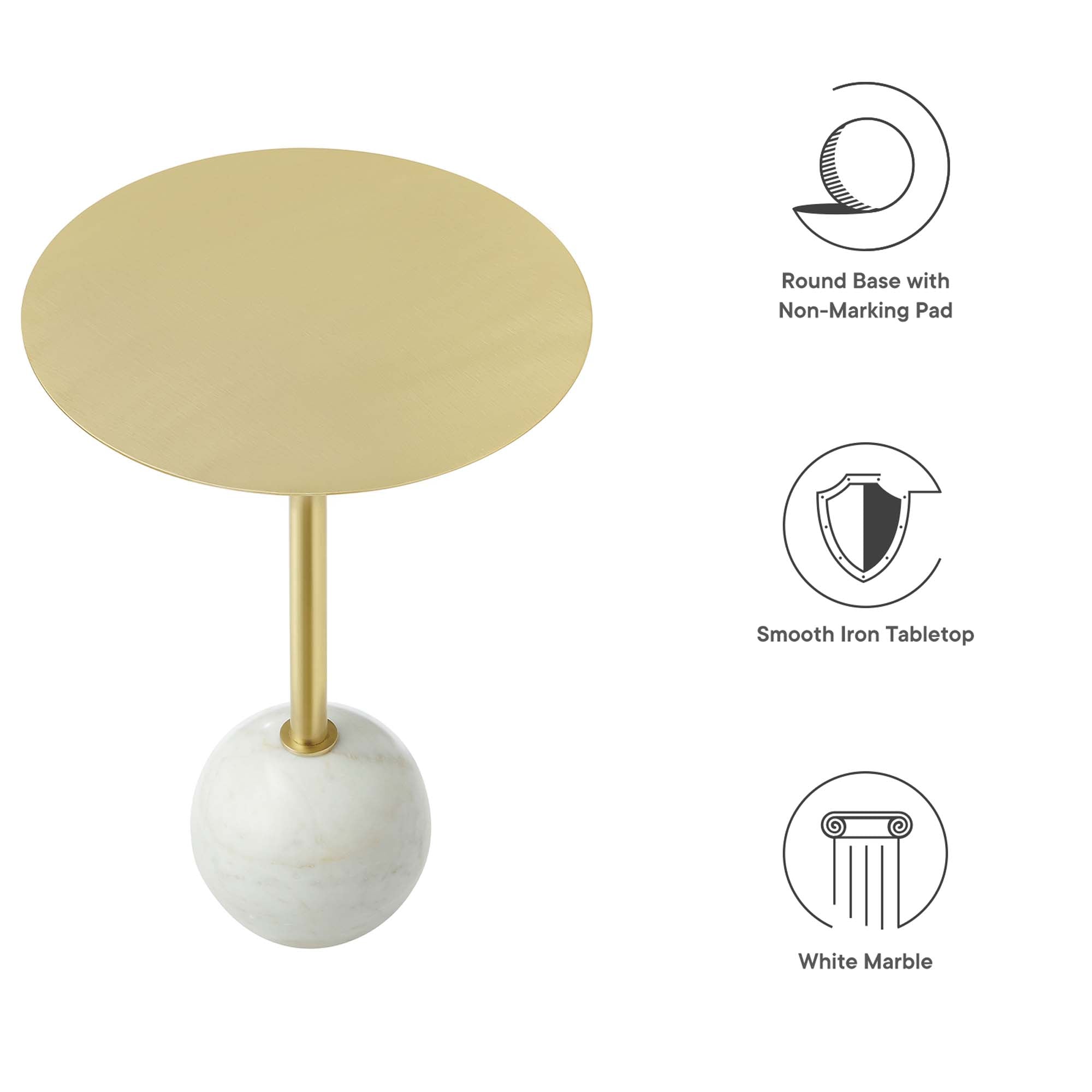 Aliza Round White Marble Side Table, White Brass