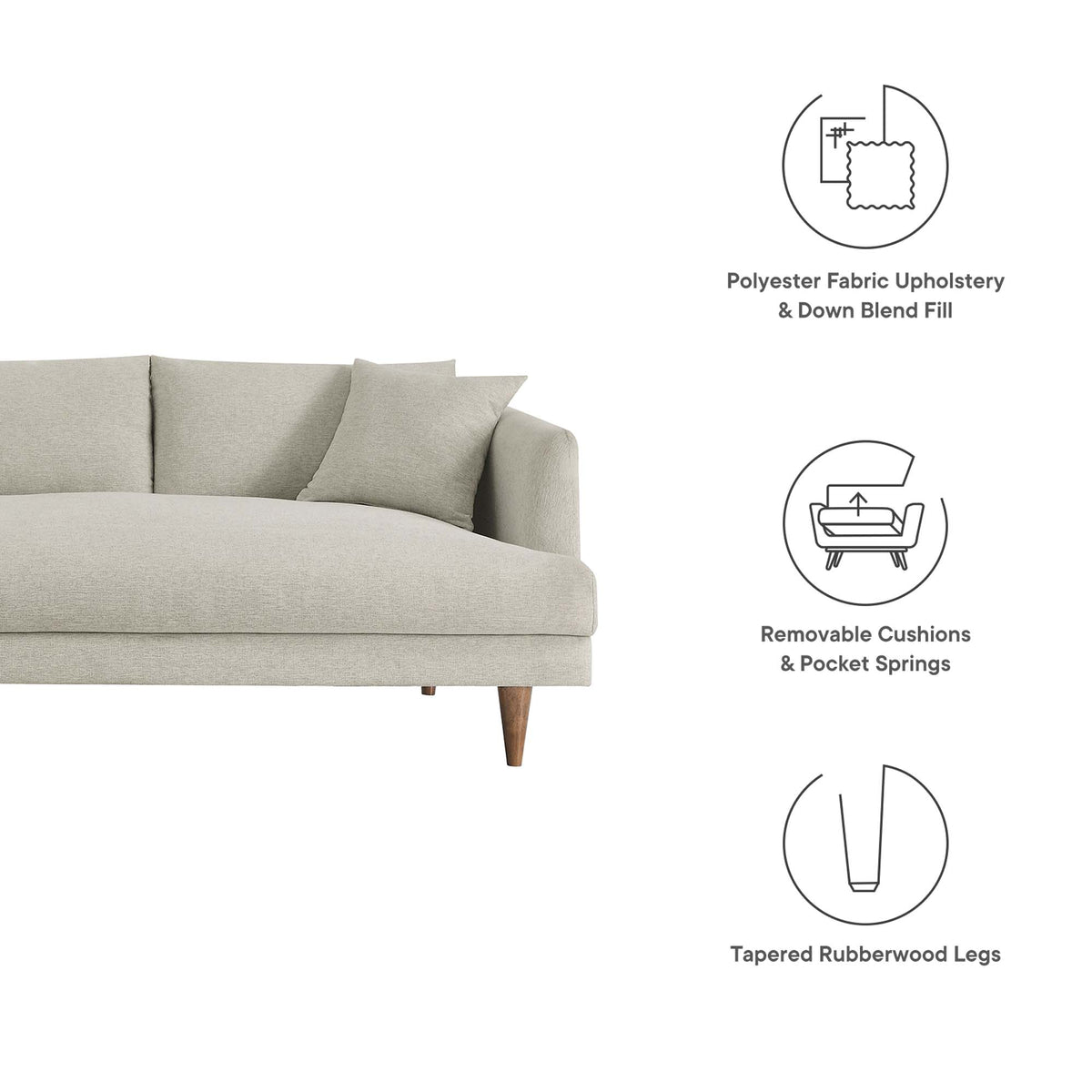 Zoya 3 Piece Down Filled Overstuffed Sectional Sofa, Heathered Weave Ivory