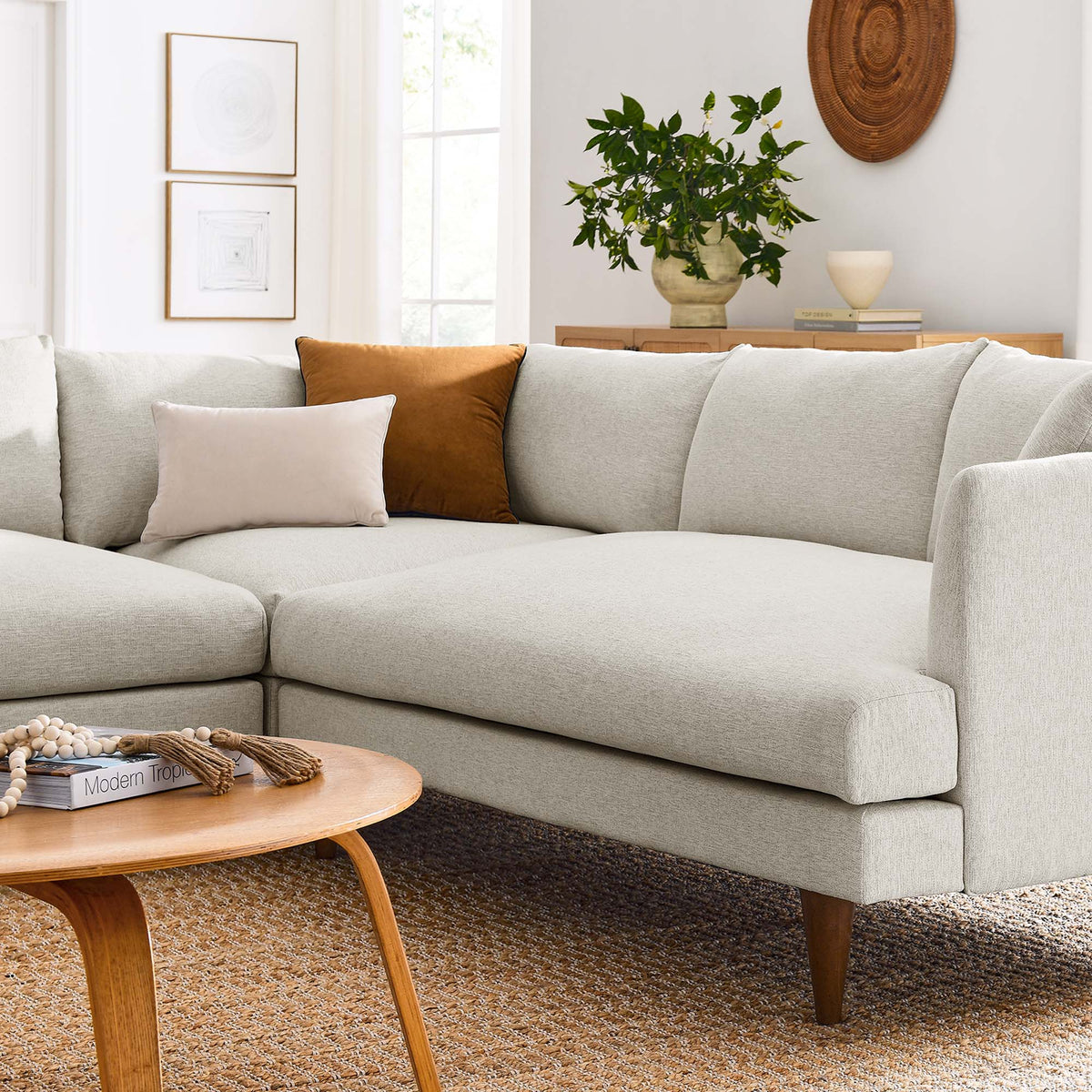 Zoya 3 Piece Down Filled Overstuffed Sectional Sofa, Heathered Weave Ivory