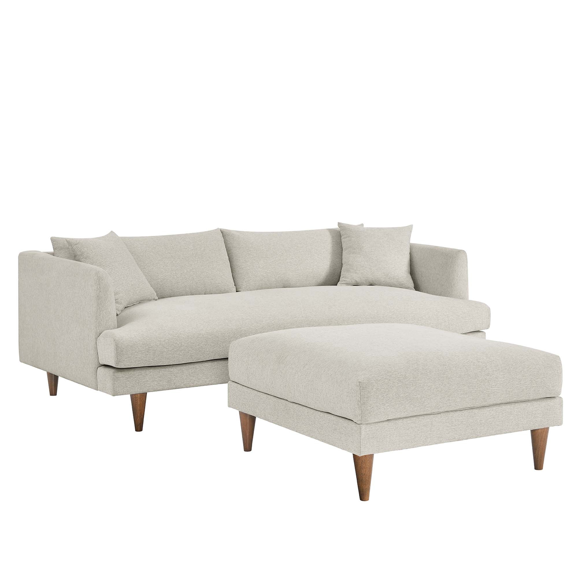 Zoya Down Filled Overstuffed Sofa and Ottoman Set, Heathered Weave Ivory