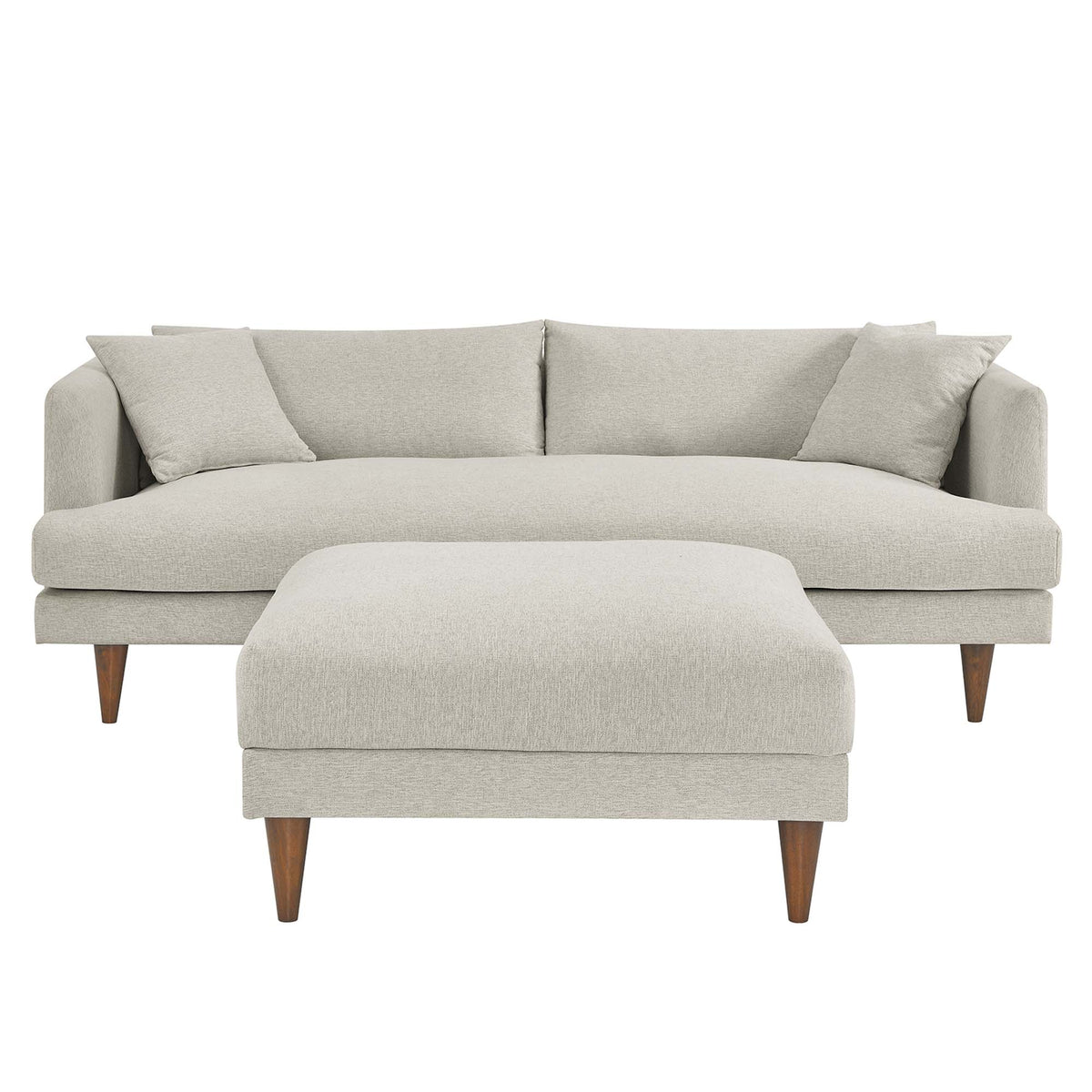 Zoya Down Filled Overstuffed Sofa and Ottoman Set, Heathered Weave Ivory