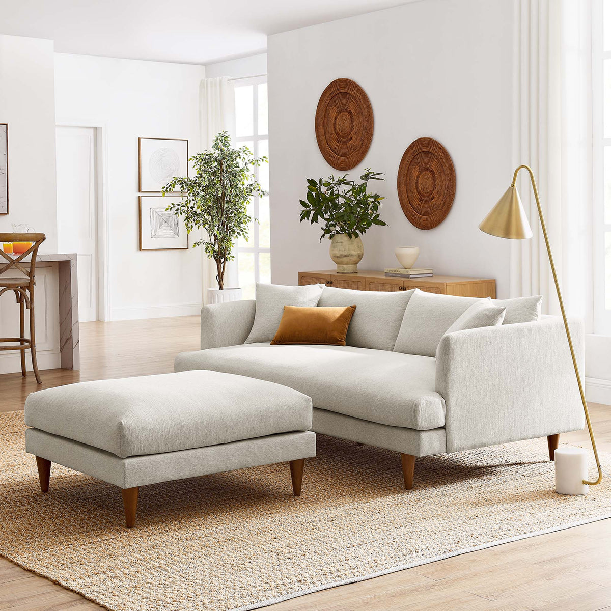 Zoya Down Filled Overstuffed Sofa and Ottoman Set, Heathered Weave Ivory