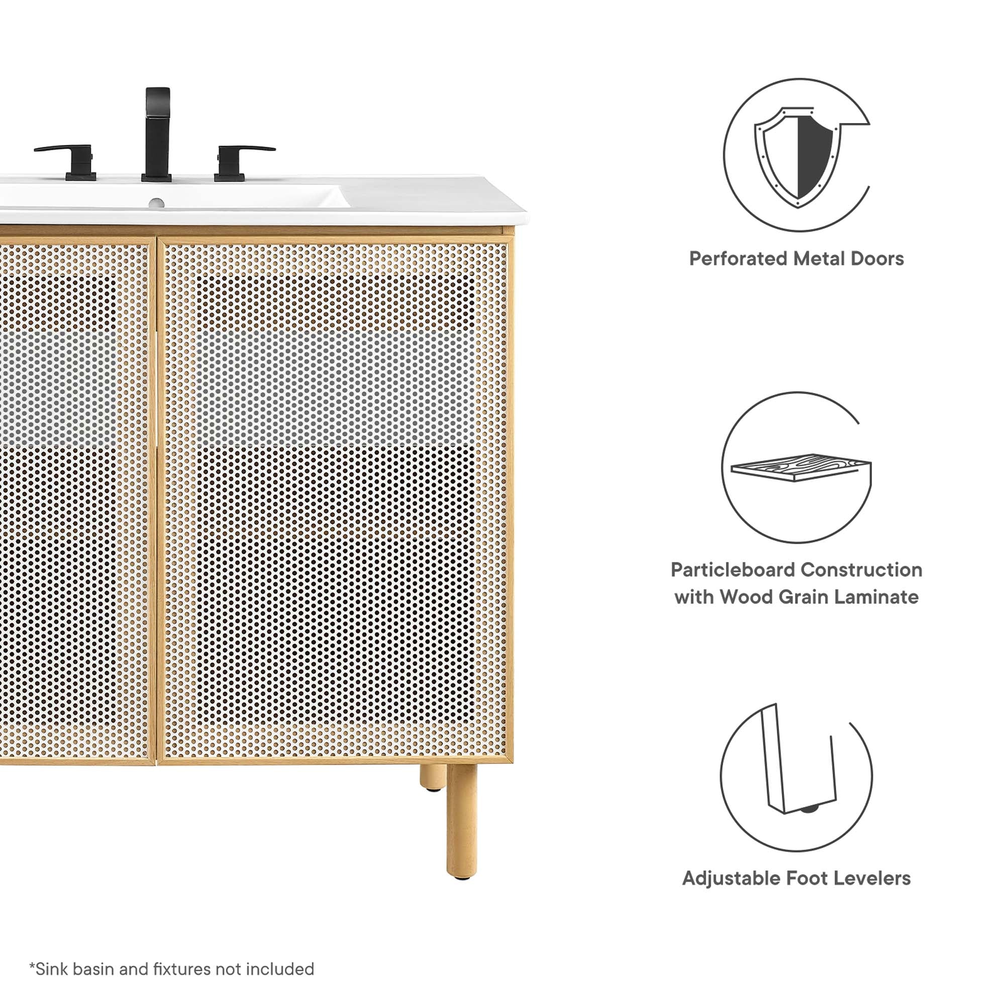 Calla 36" Perforated Metal Bathroom Vanity Cabinet (Sink Basin Not Included), Oak