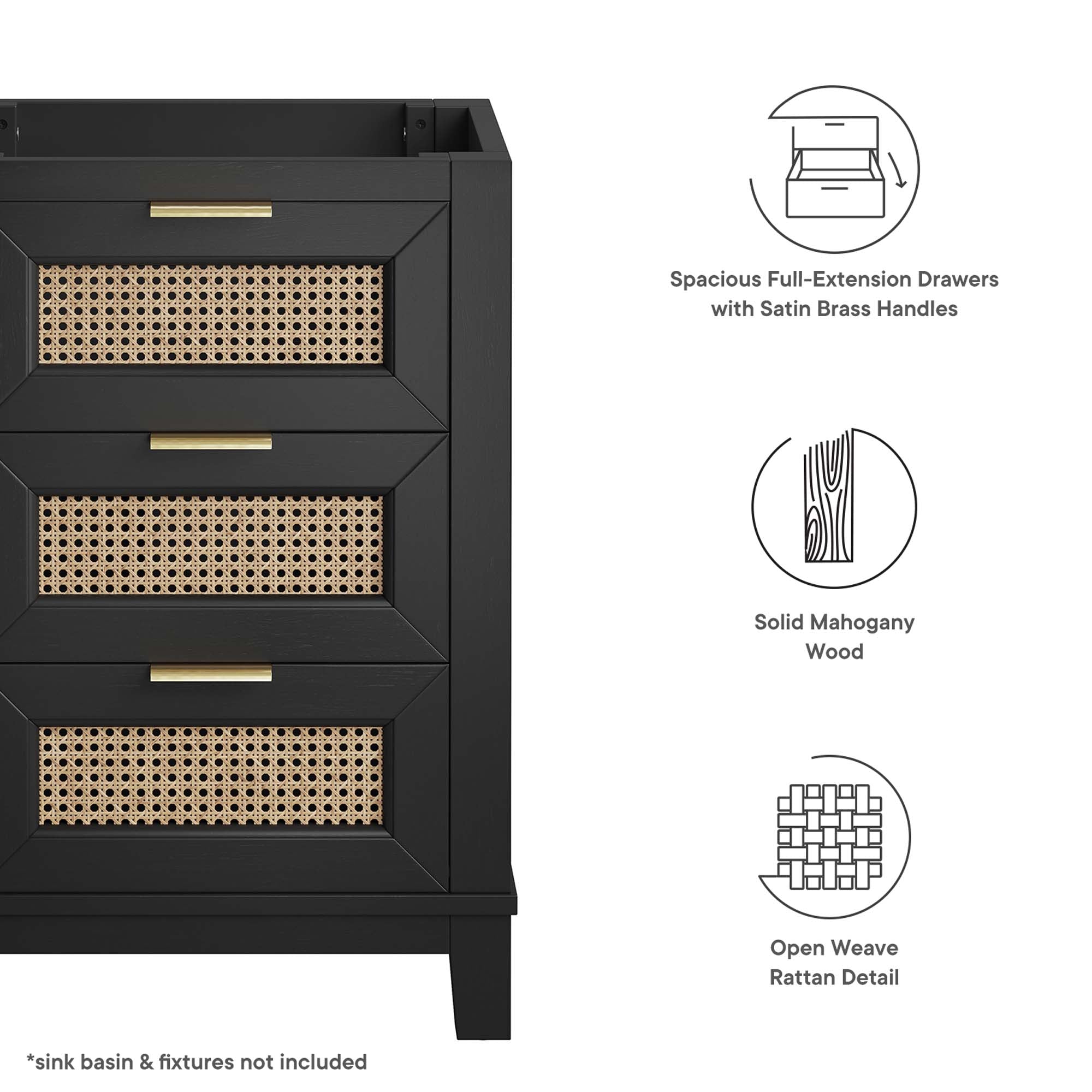 Dixie 24" Solid Wood Bathroom Vanity Cabinet (Sink Basin Not Included), Black