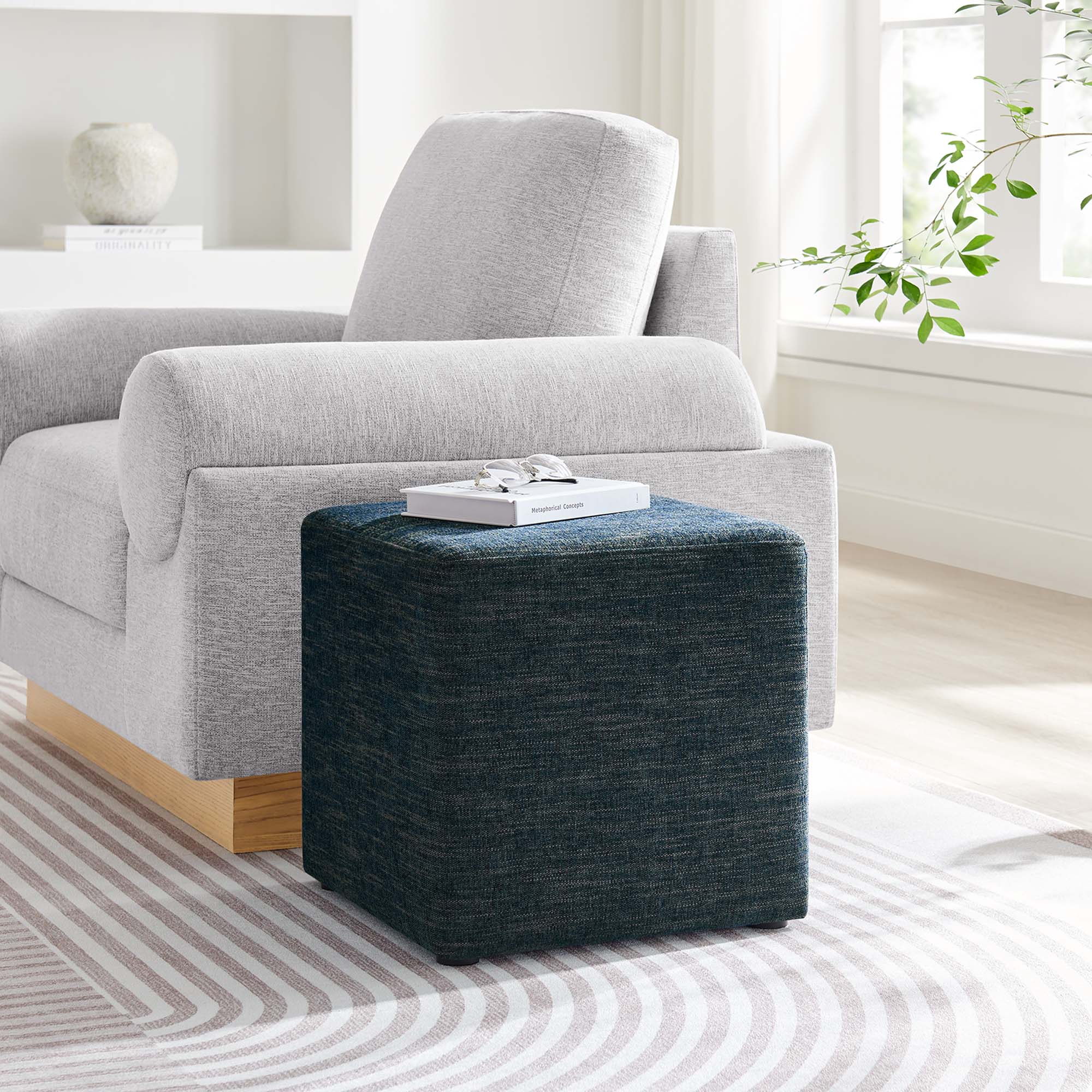 Callum 17" Square Woven Heathered Fabric Upholstered Ottoman, Heathered Weave Azure