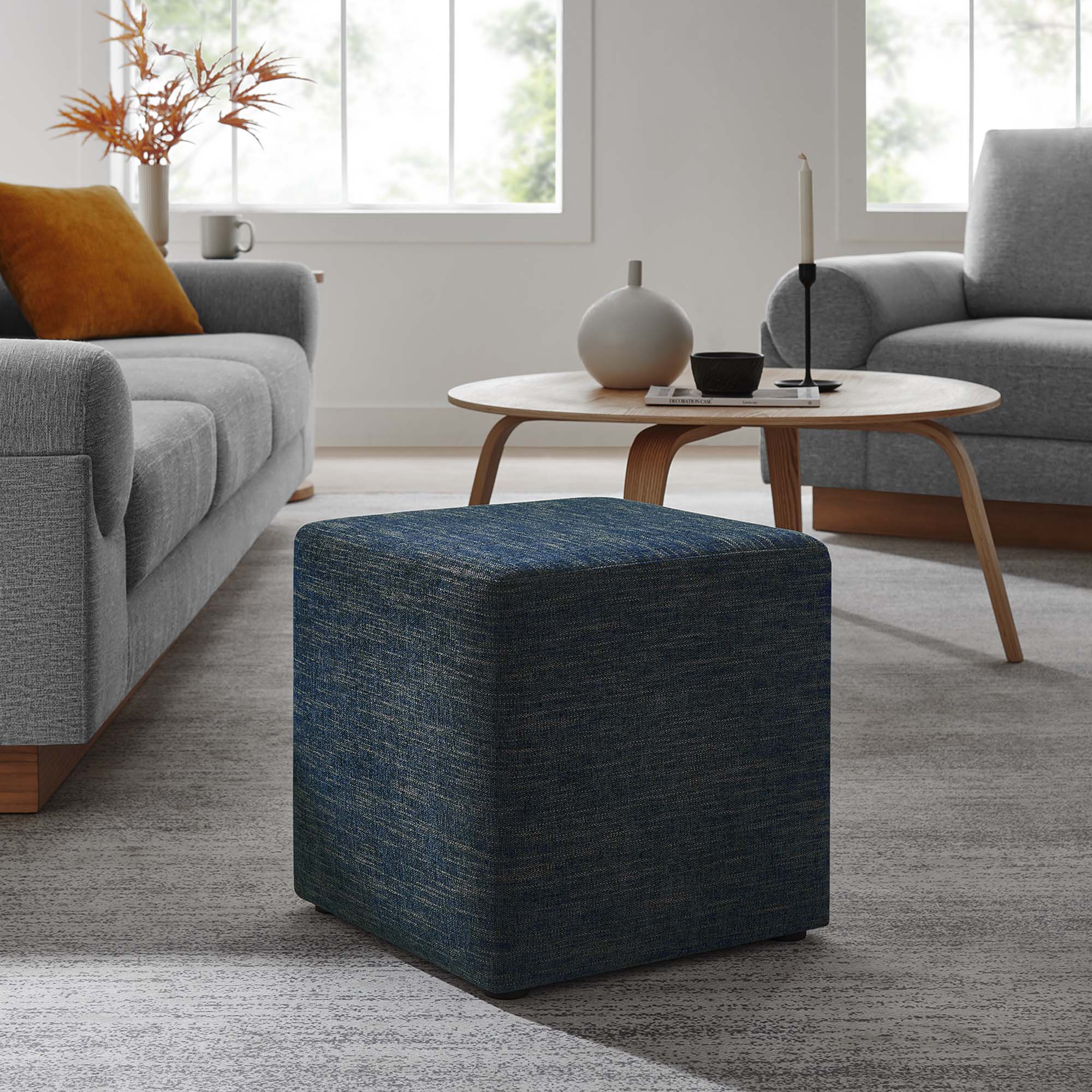Callum 17" Square Woven Heathered Fabric Upholstered Ottoman, Heathered Weave Azure