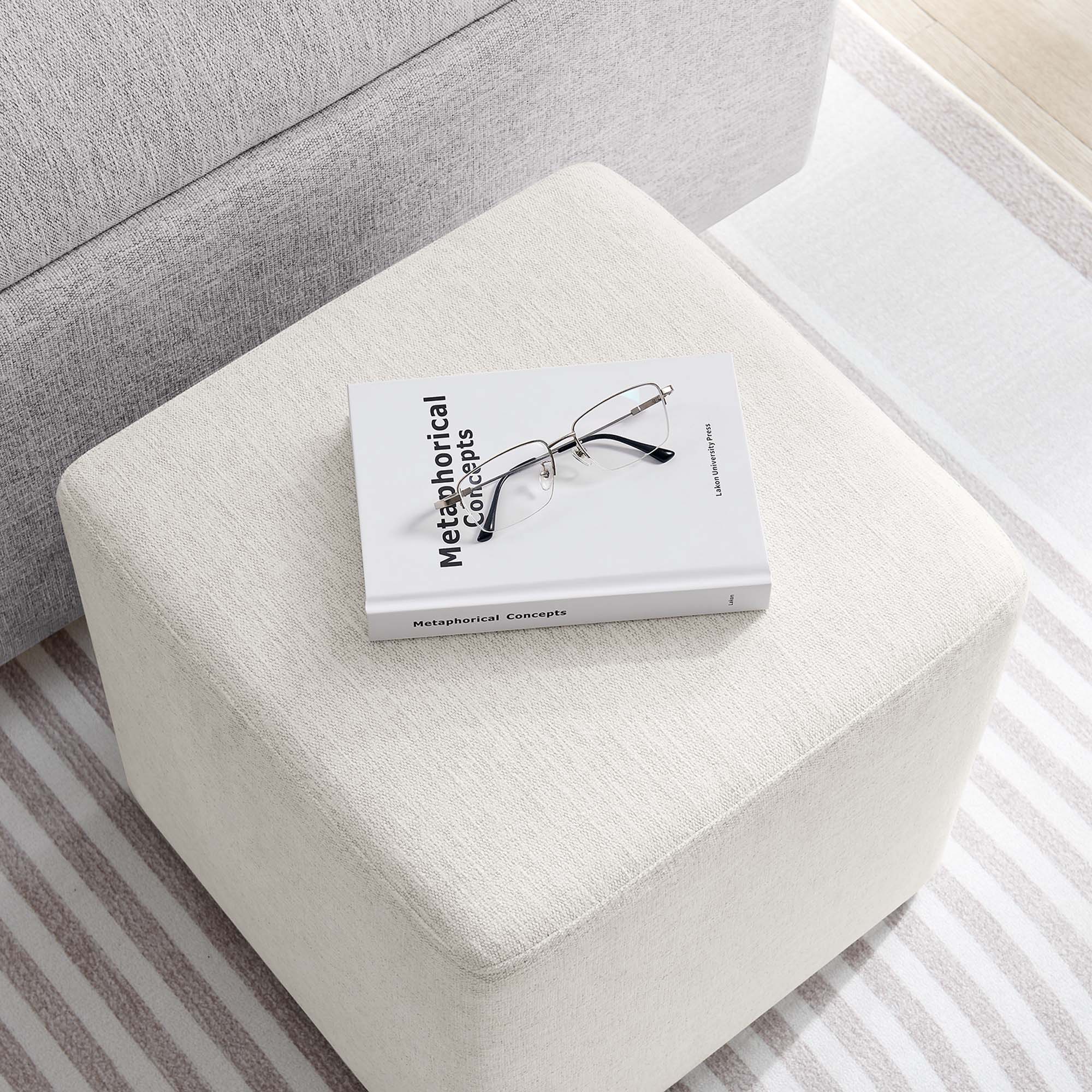 Callum 17" Square Woven Heathered Fabric Upholstered Ottoman, Heathered Weave Ivory