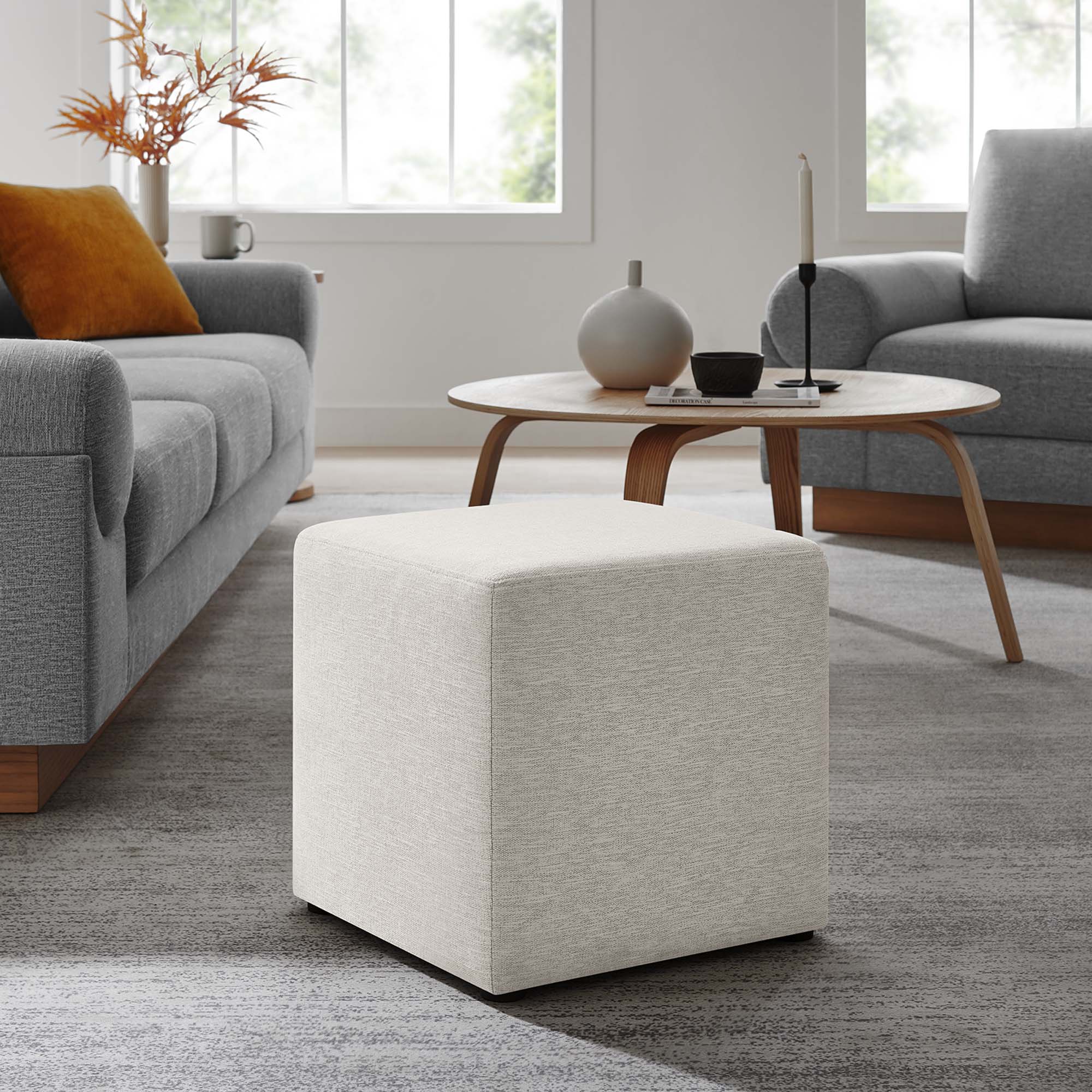 Callum 17" Square Woven Heathered Fabric Upholstered Ottoman, Heathered Weave Ivory