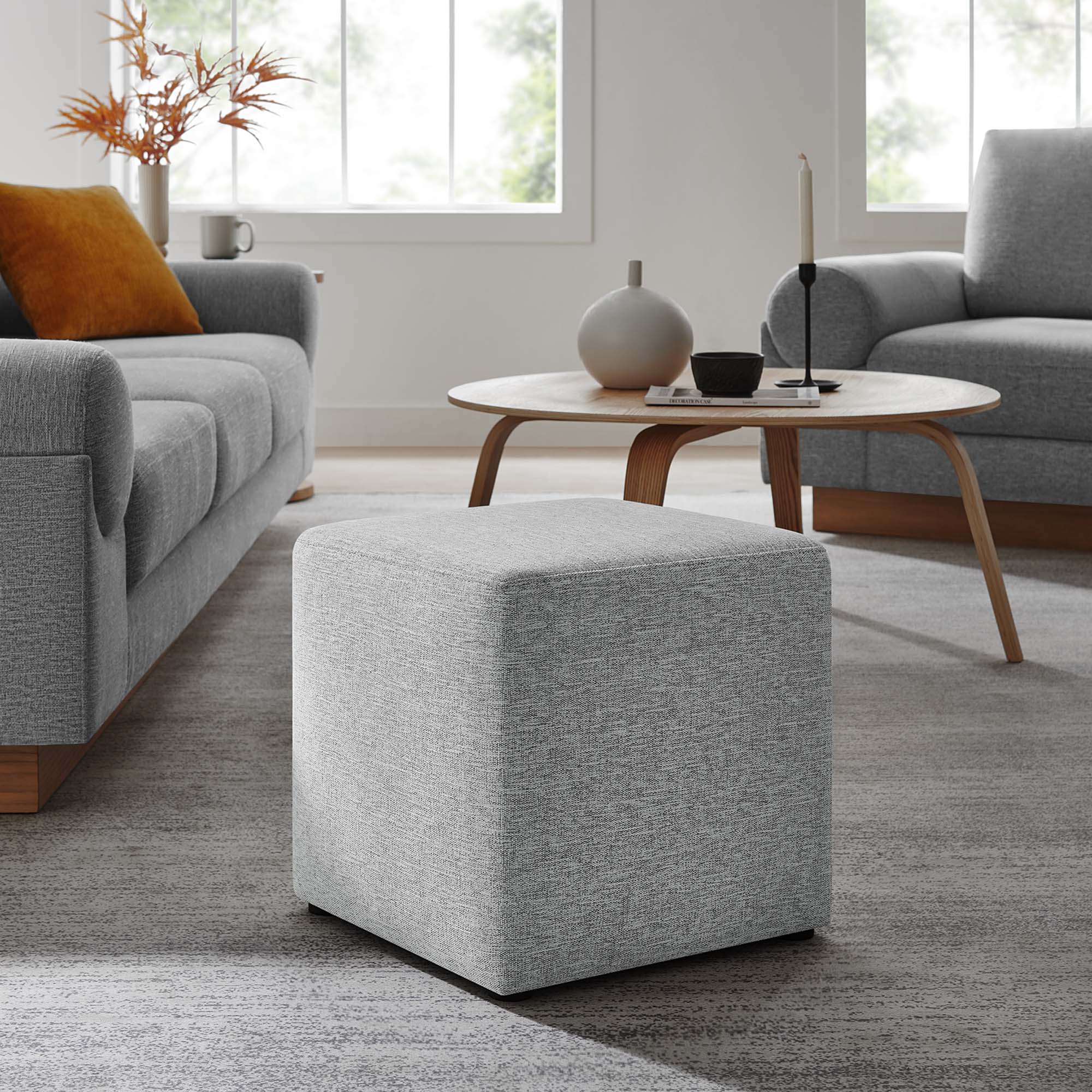 Callum 17" Square Woven Heathered Fabric Upholstered Ottoman, Heathered Weave Light Gray