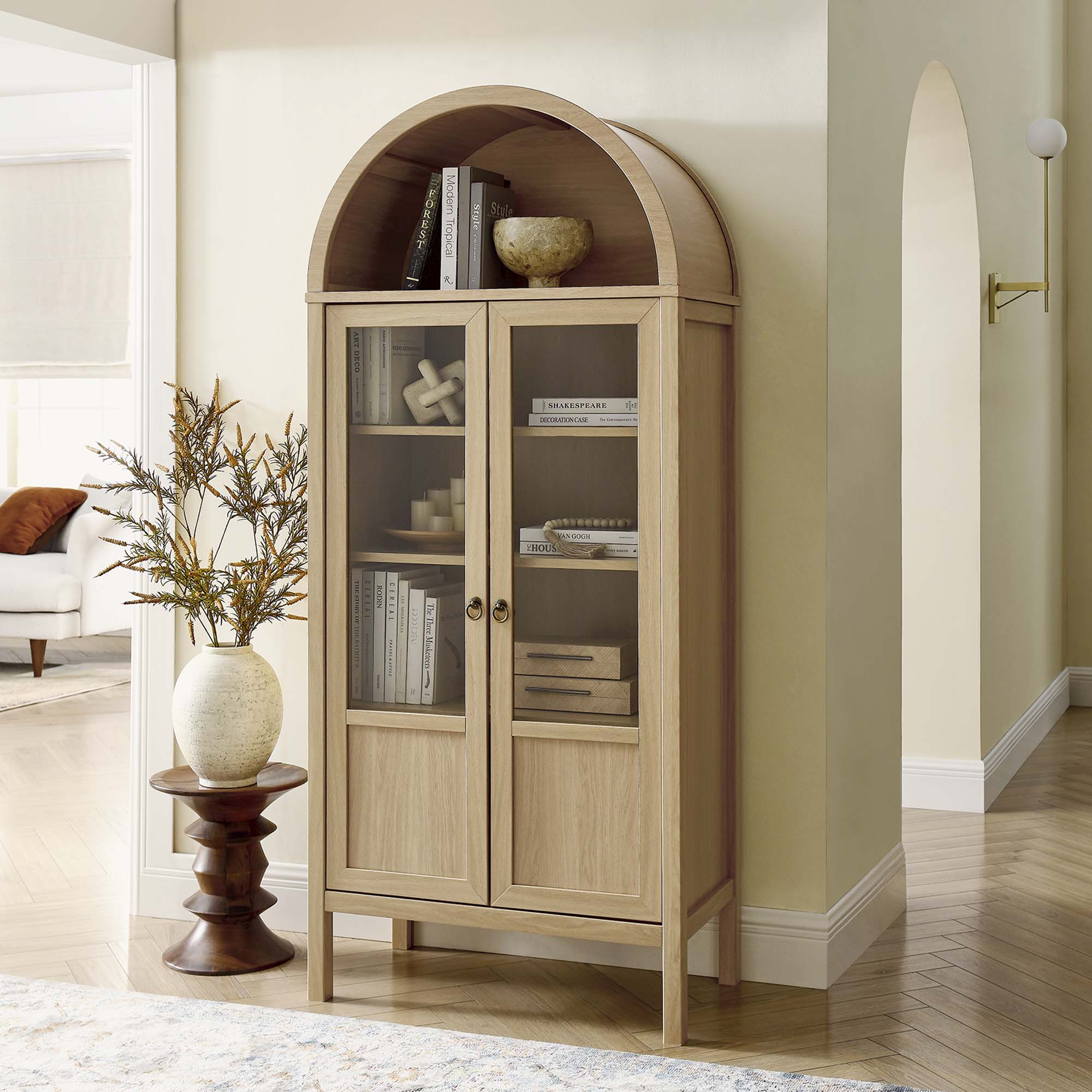 Tessa Tall Arched Storage Display Cabinet, Oak