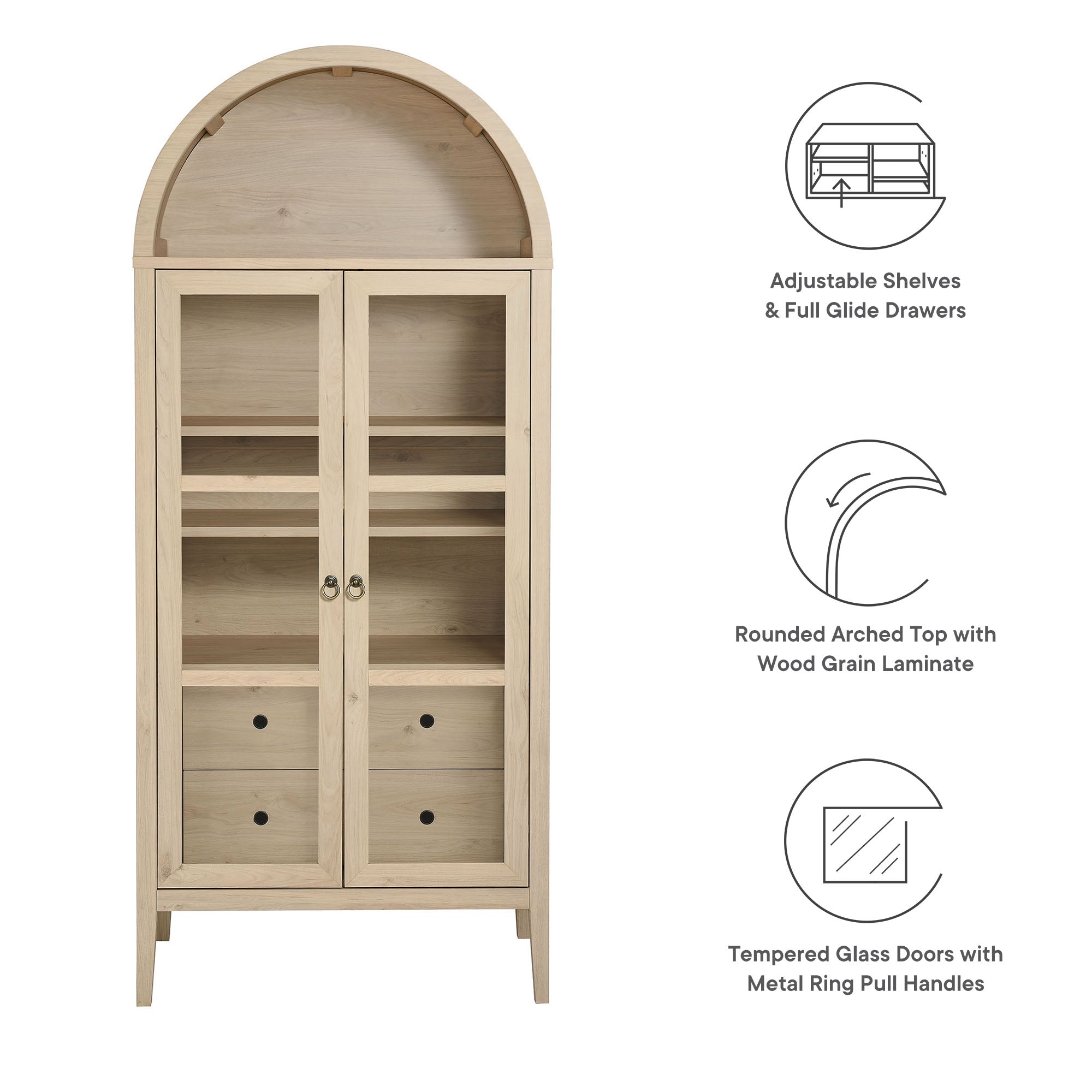 Nolan Tall Arched Storage Display Cabinet, Light Oak