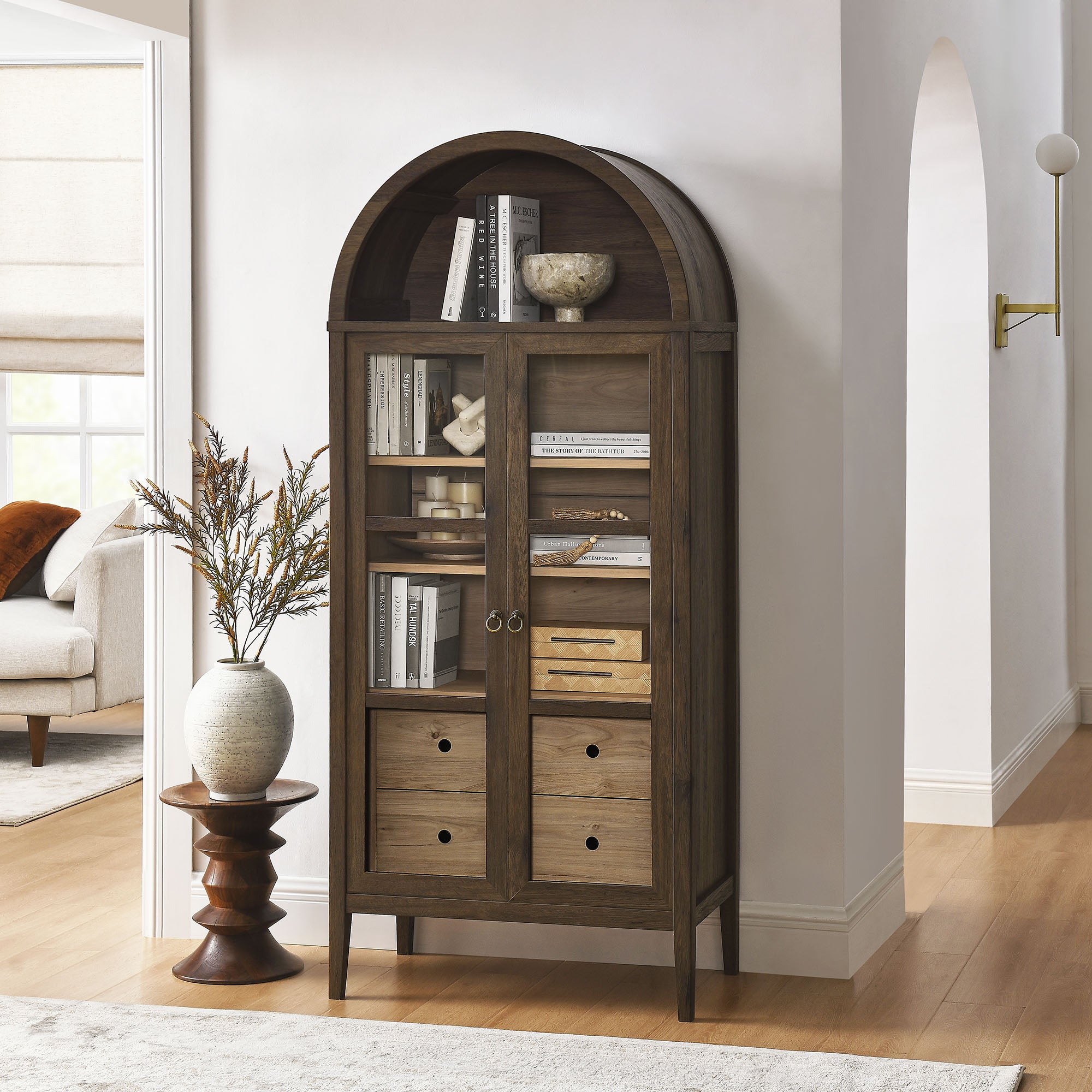 Nolan Tall Arched Storage Display Cabinet, Walnut Hickory