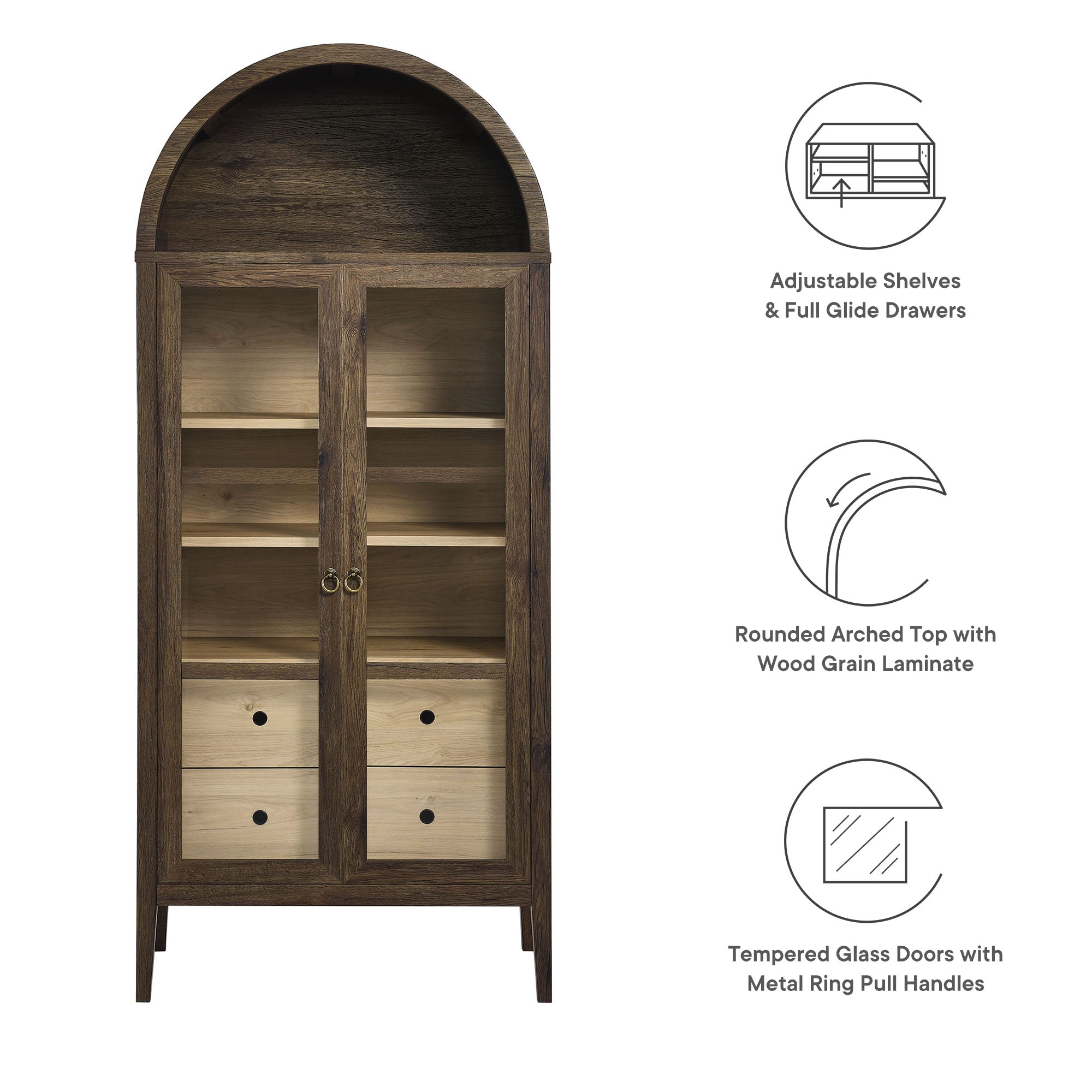 Nolan Tall Arched Storage Display Cabinet, Walnut Hickory