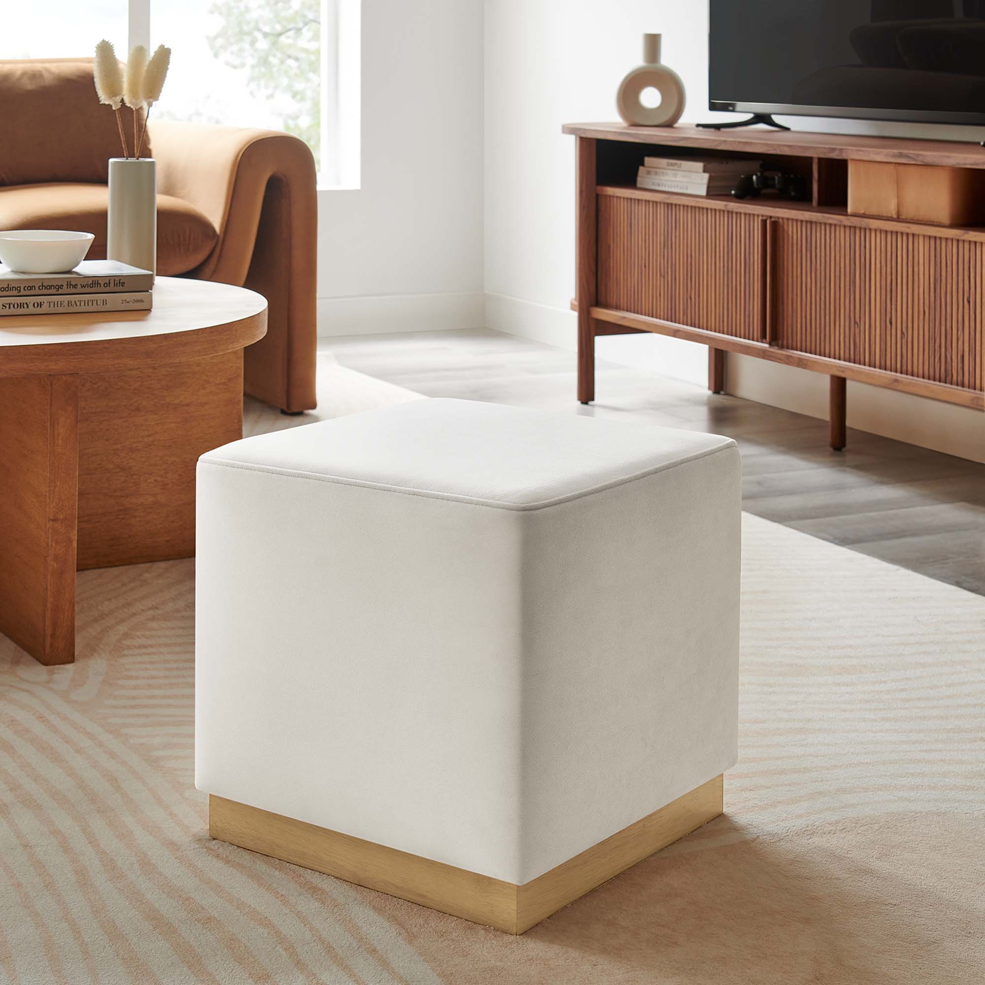 Tilden 17" Square Performance Velvet Upholstered Ottoman, Alabaster Natural