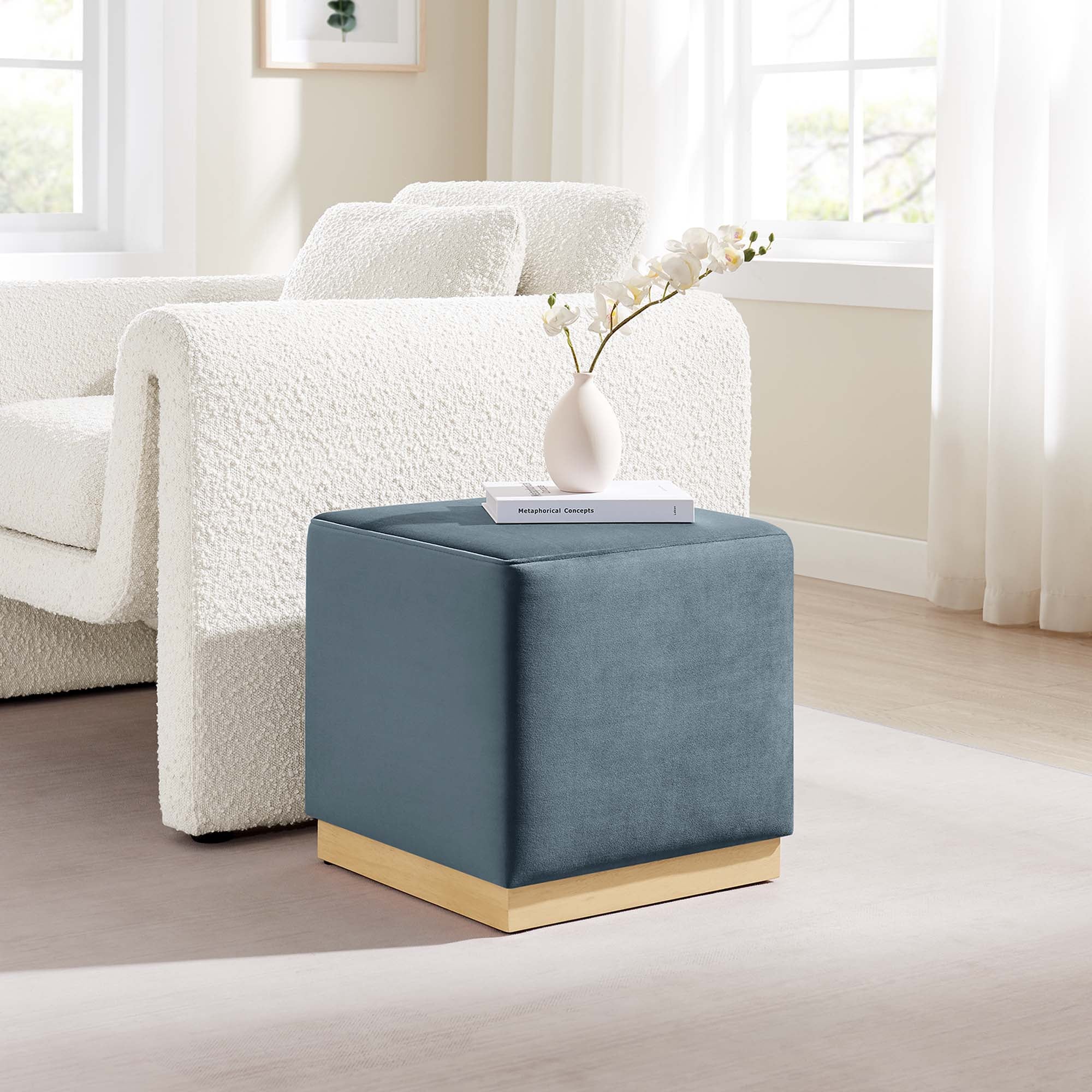 Tilden 17" Square Performance Velvet Upholstered Ottoman, Cadet Blue Natural
