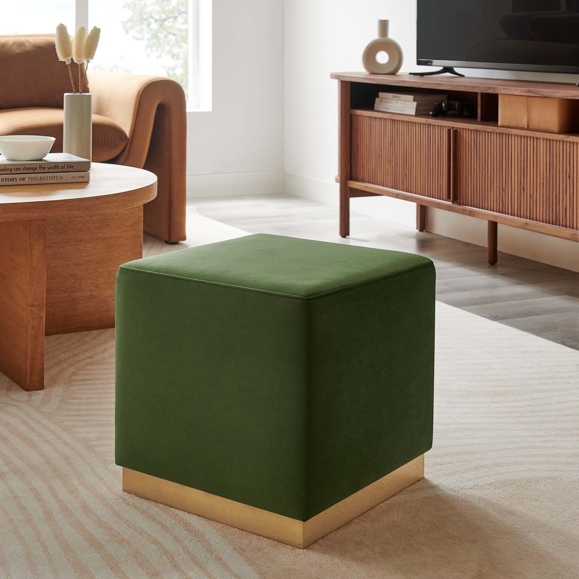 Tilden 17" Square Performance Velvet Upholstered Ottoman, Moss Green Natural