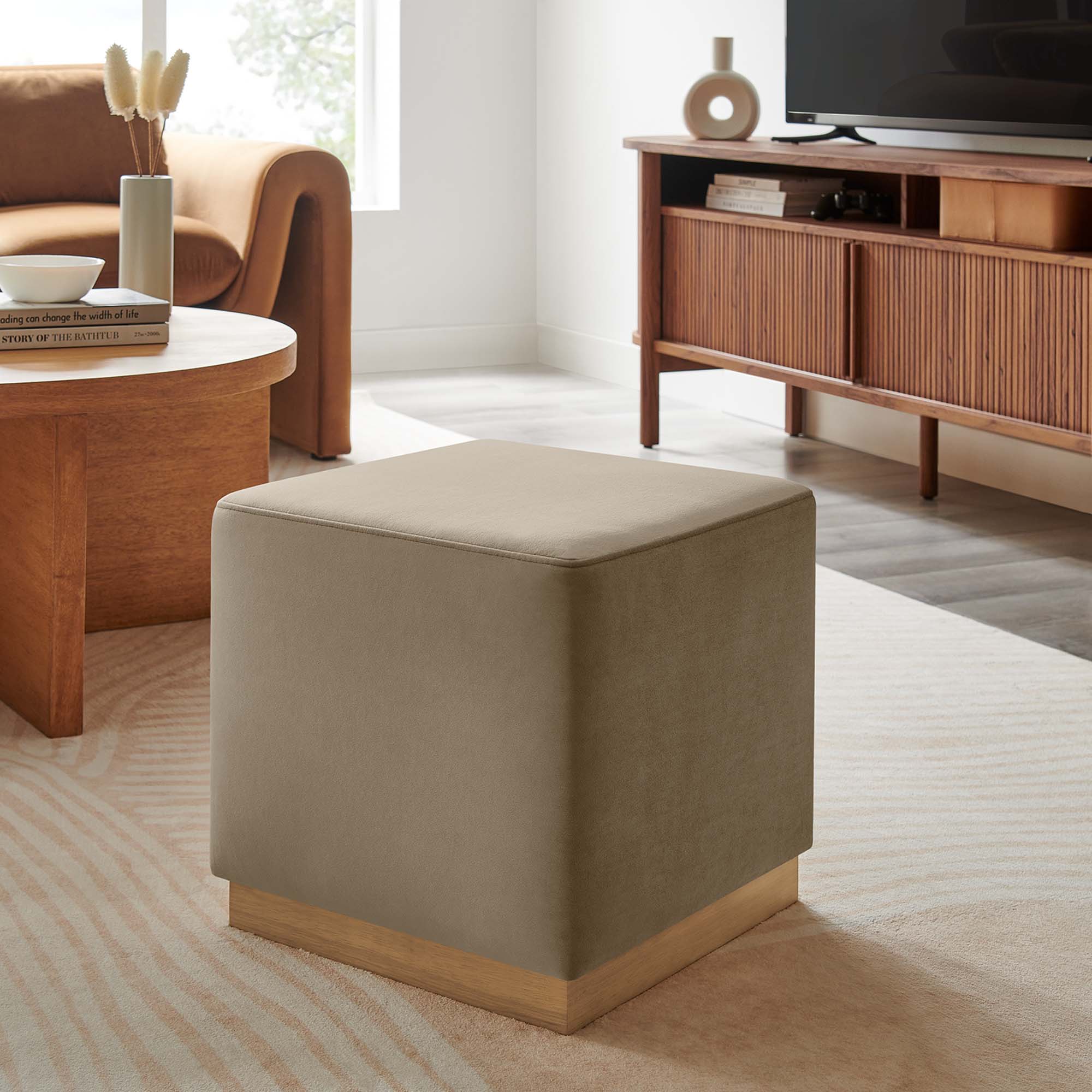Tilden 17" Square Performance Velvet Upholstered Ottoman, Taupe Natural
