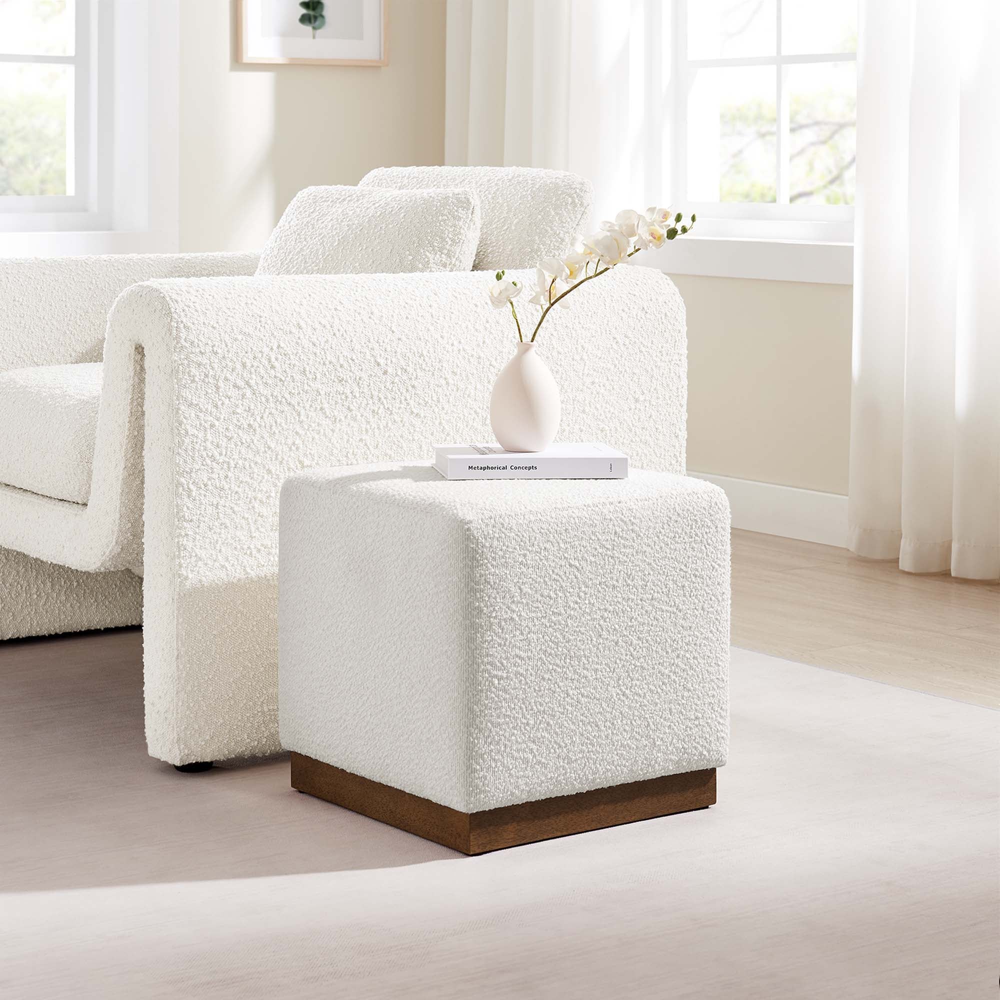 Tilden 17" Square Boucle Upholstered Ottoman, Cloud Walnut