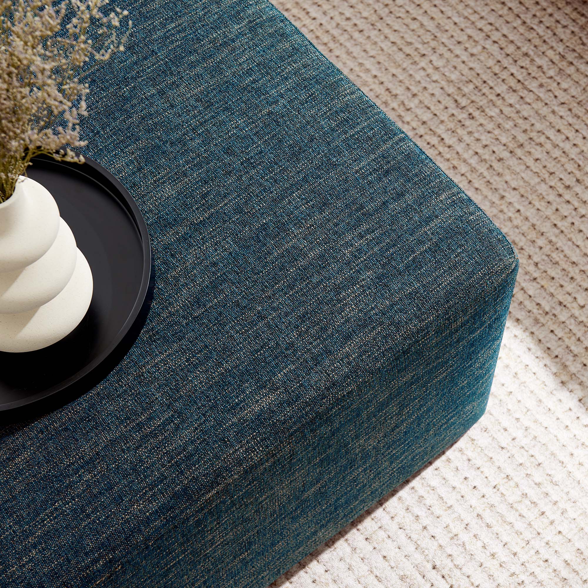 Callum Large 28" Square Woven Heathered Fabric Upholstered Ottoman, Heathered Weave Azure