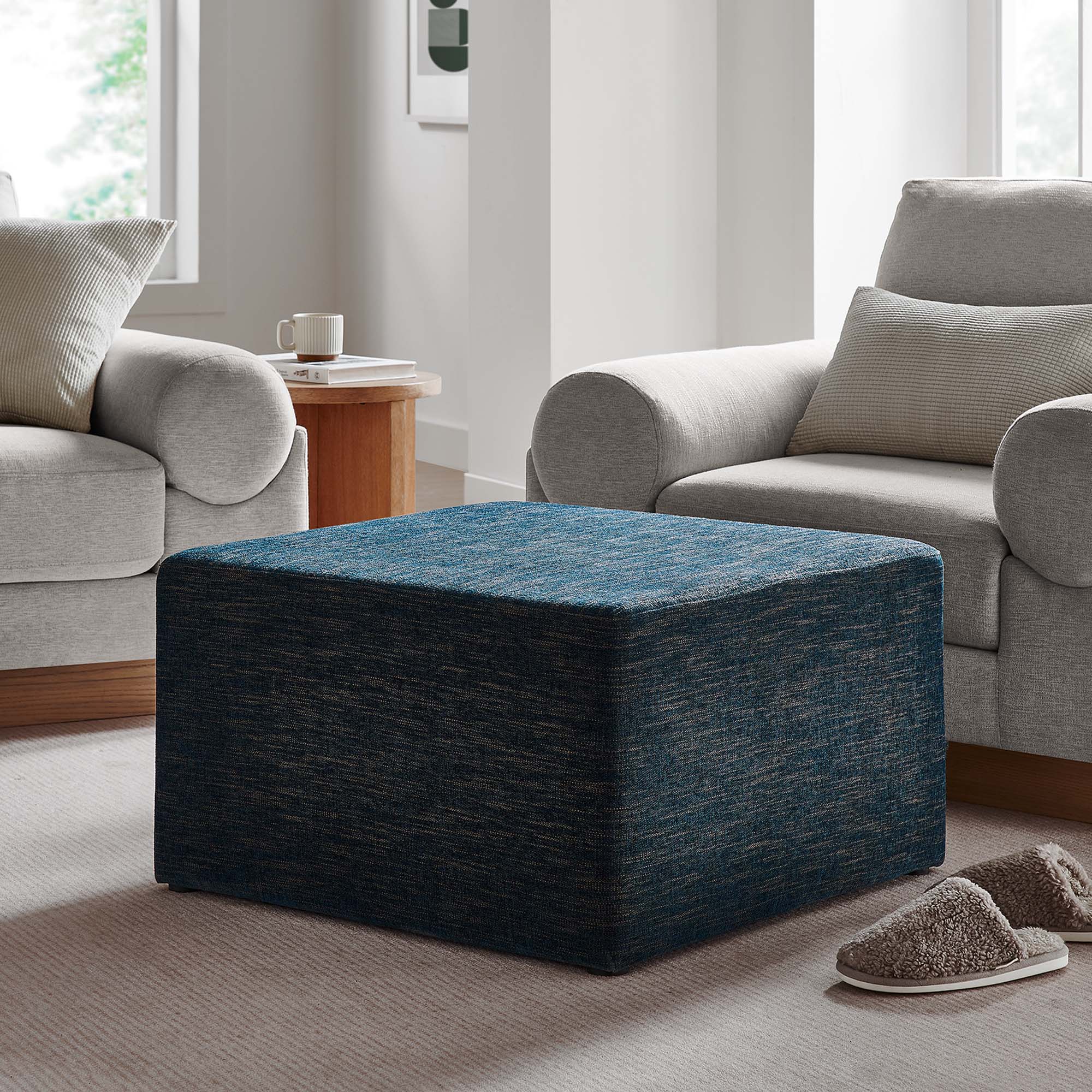 Callum Large 28" Square Woven Heathered Fabric Upholstered Ottoman, Heathered Weave Azure