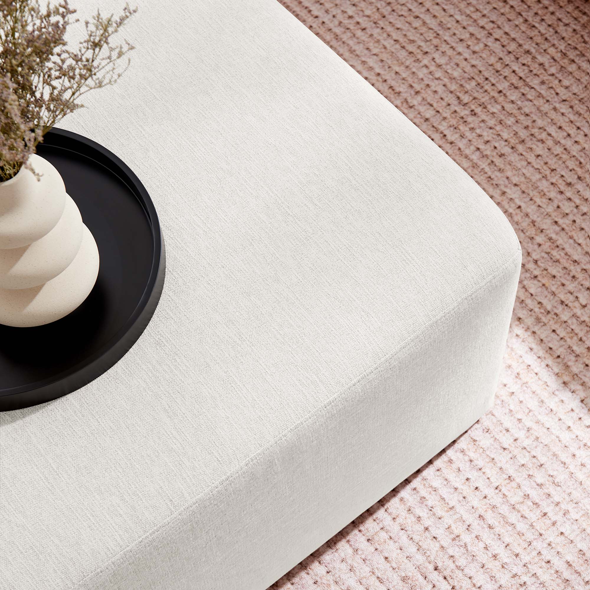 Callum Large 28" Square Woven Heathered Fabric Upholstered Ottoman, Heathered Weave Ivory