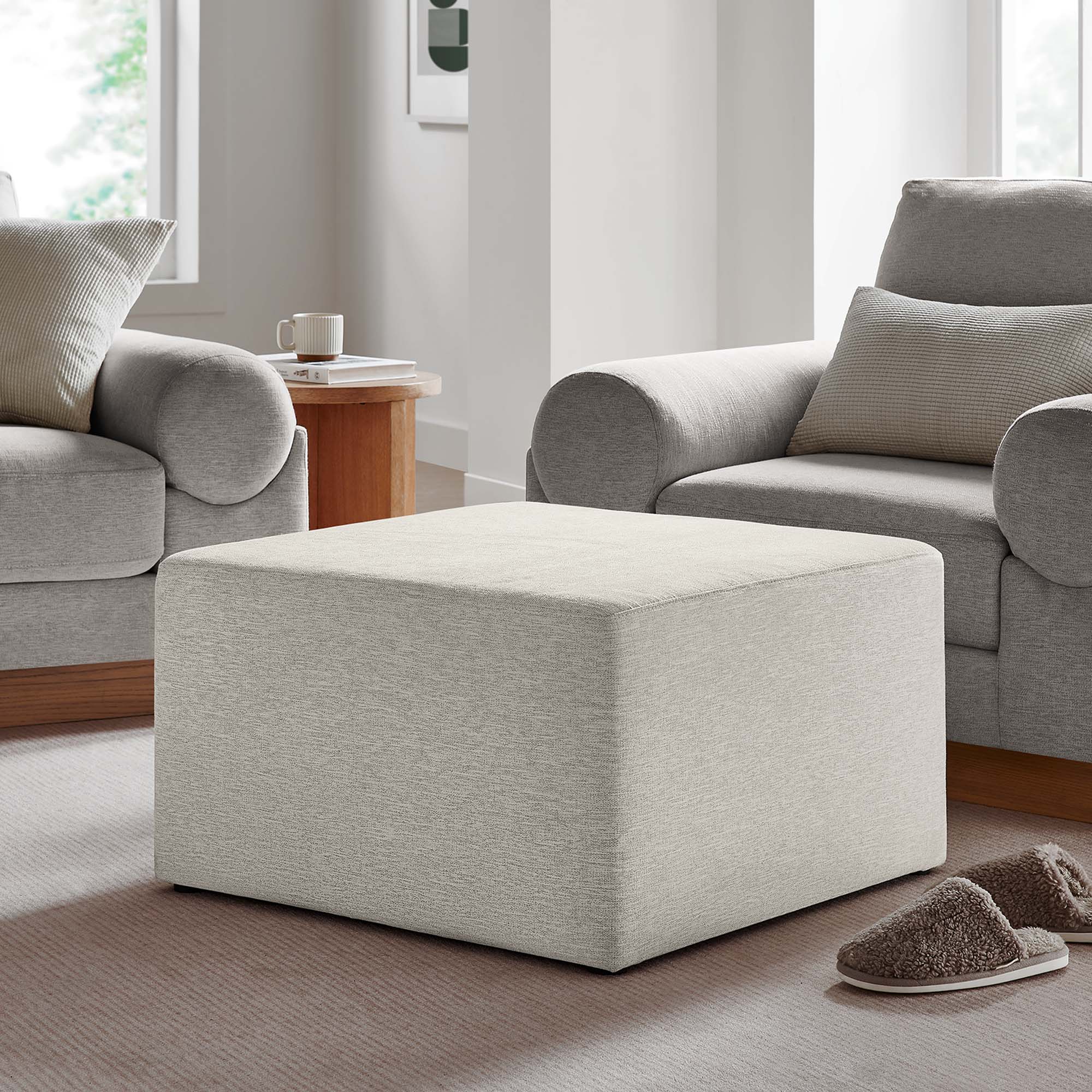 Callum Large 28" Square Woven Heathered Fabric Upholstered Ottoman, Heathered Weave Ivory