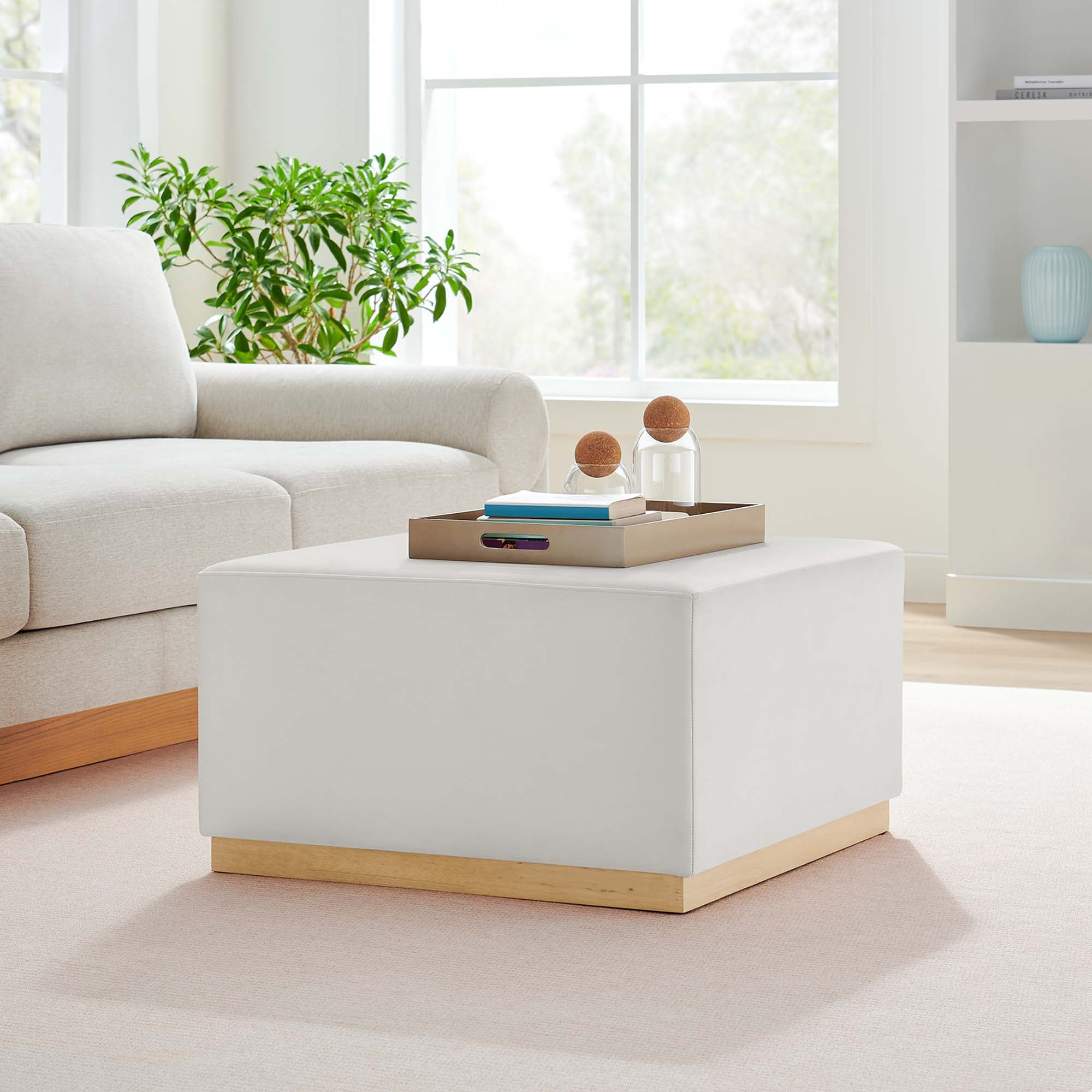 Tilden Large 28" Square Performance Velvet Upholstered Ottoman, Alabaster Natural