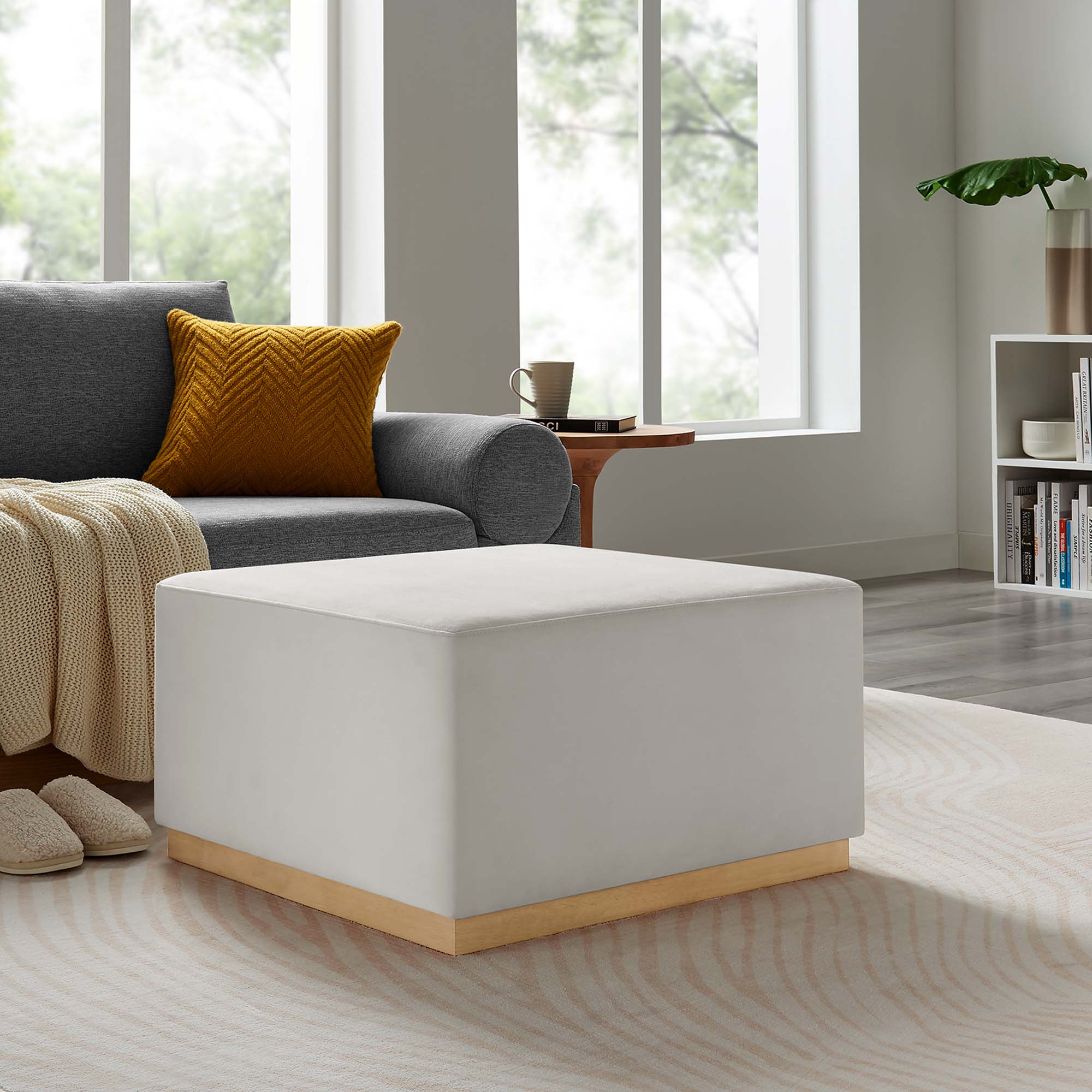 Tilden Large 28" Square Performance Velvet Upholstered Ottoman, Alabaster Natural