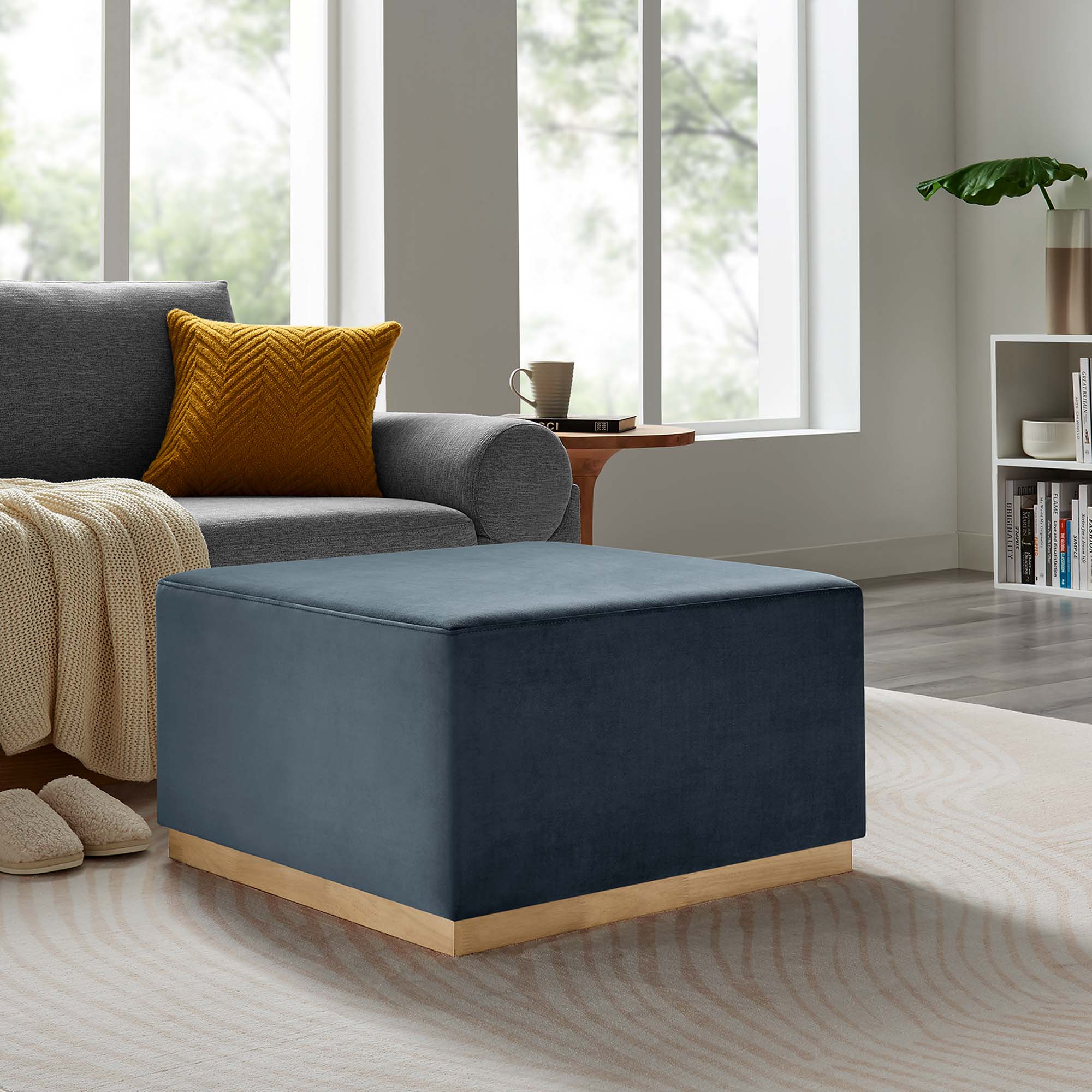 Tilden Large 28" Square Performance Velvet Upholstered Ottoman, Cadet Blue Natural