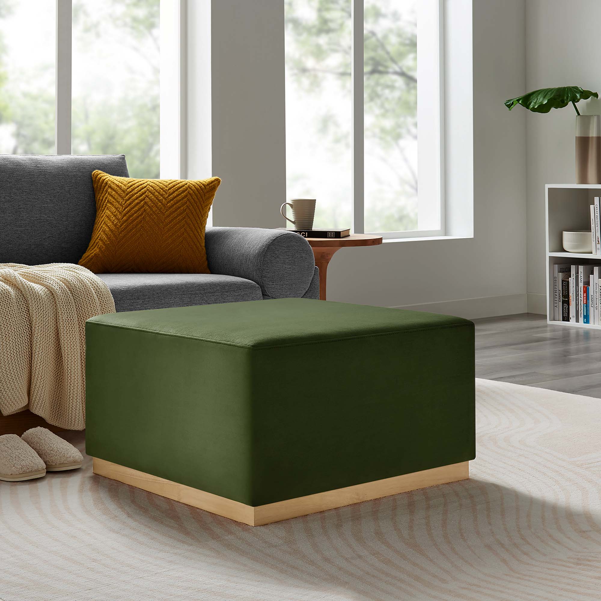 Tilden Large 28" Square Performance Velvet Upholstered Ottoman, Moss Green Natural