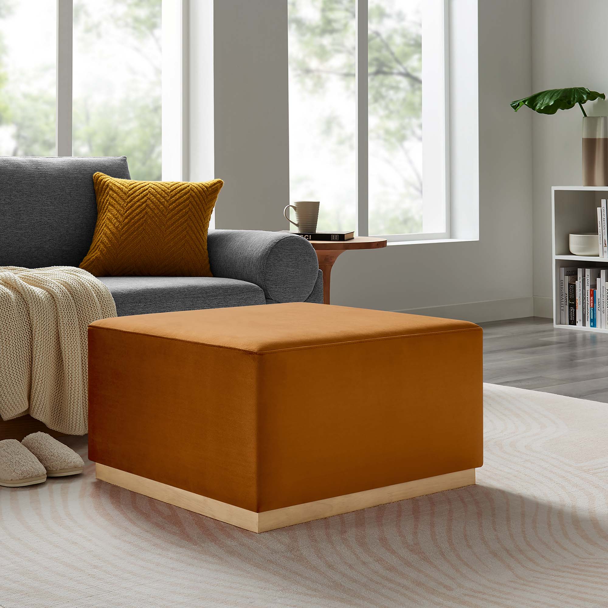 Tilden Large 28" Square Performance Velvet Upholstered Ottoman, Rust Natural