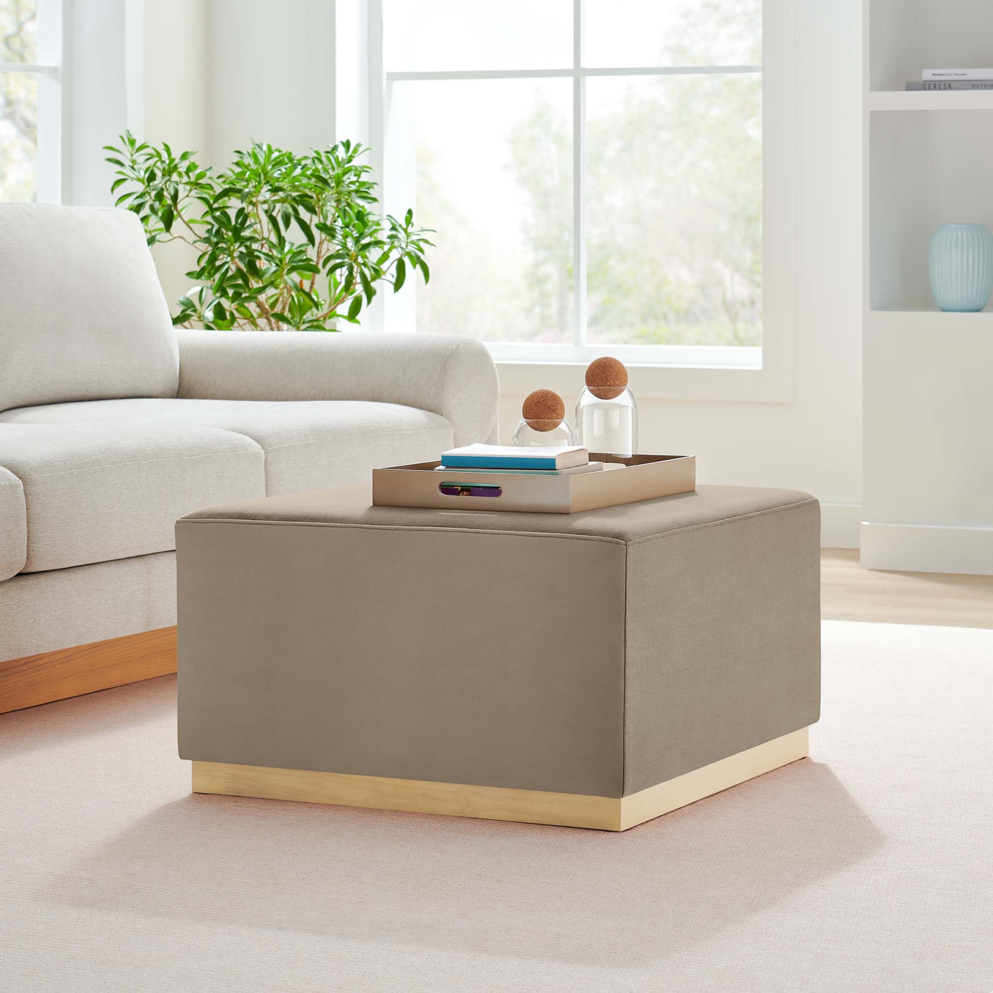 Tilden Large 28" Square Performance Velvet Upholstered Ottoman, Taupe Natural
