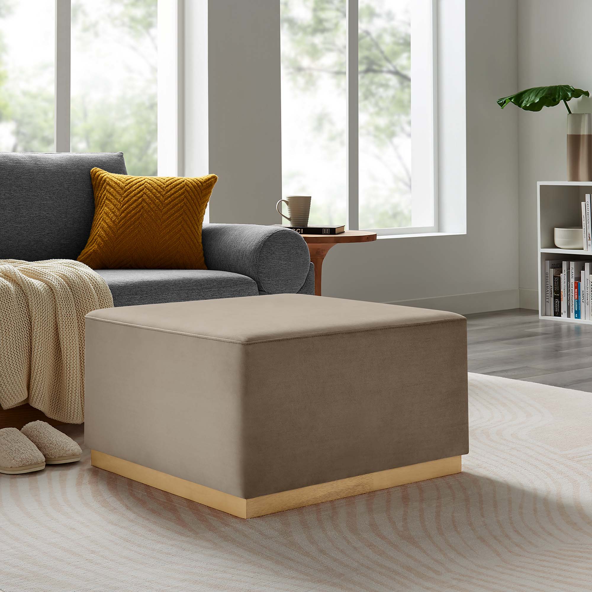 Tilden Large 28" Square Performance Velvet Upholstered Ottoman, Taupe Natural