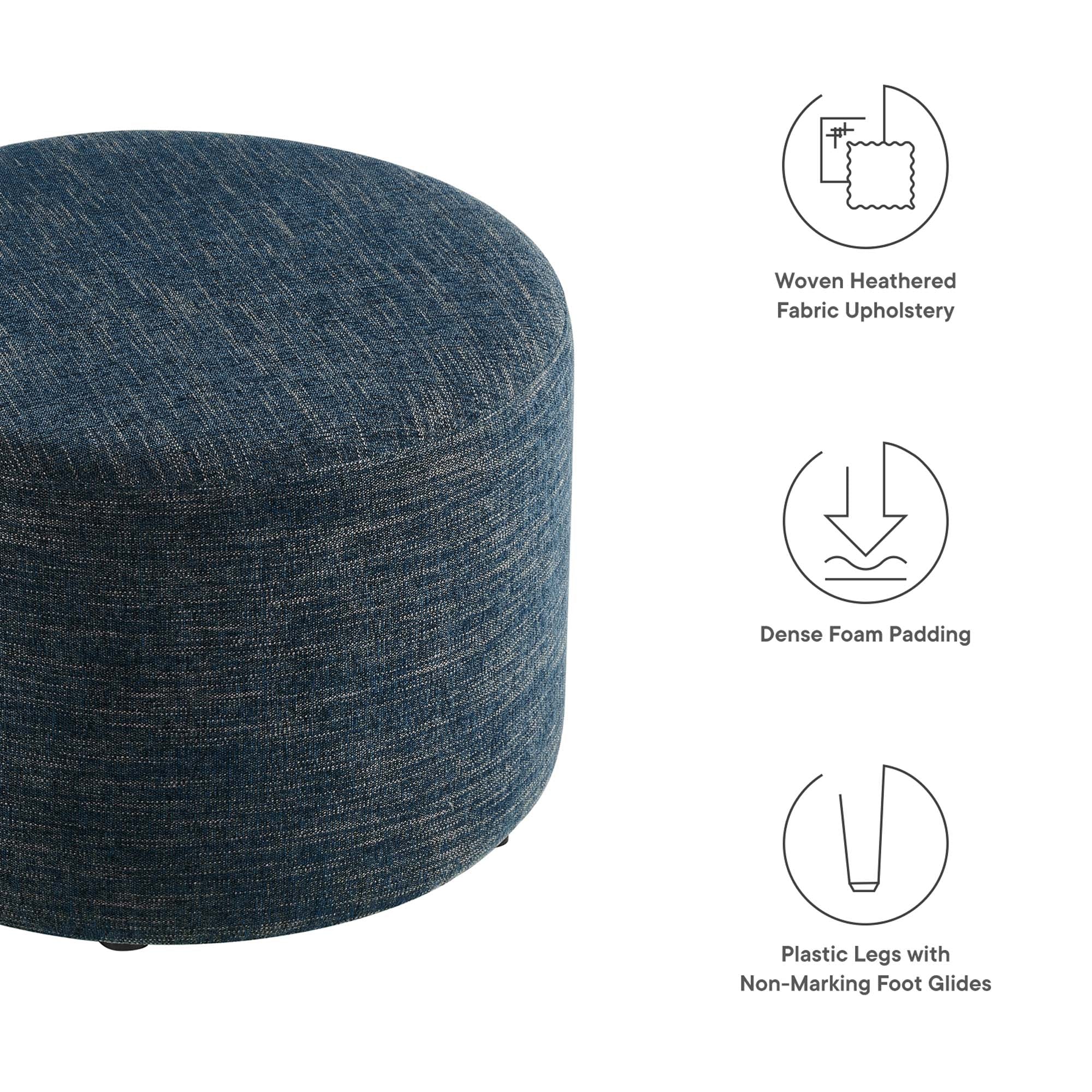 Callum Large 23" Round Woven Heathered Fabric Upholstered Ottoman, Heathered Weave Azure
