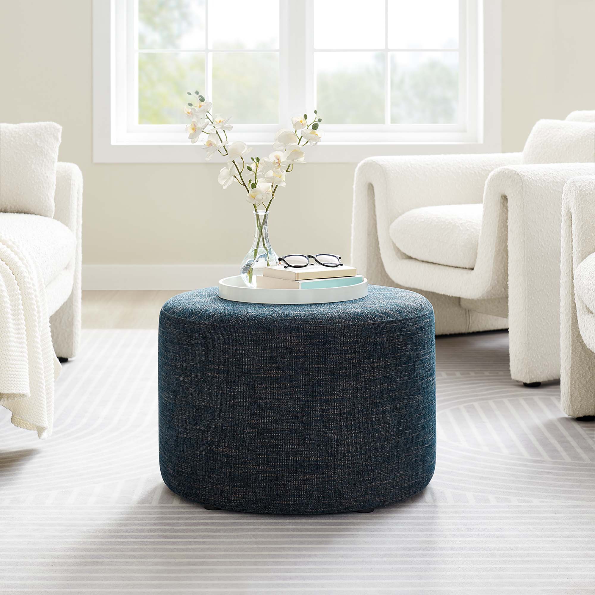 Callum Large 23" Round Woven Heathered Fabric Upholstered Ottoman, Heathered Weave Azure