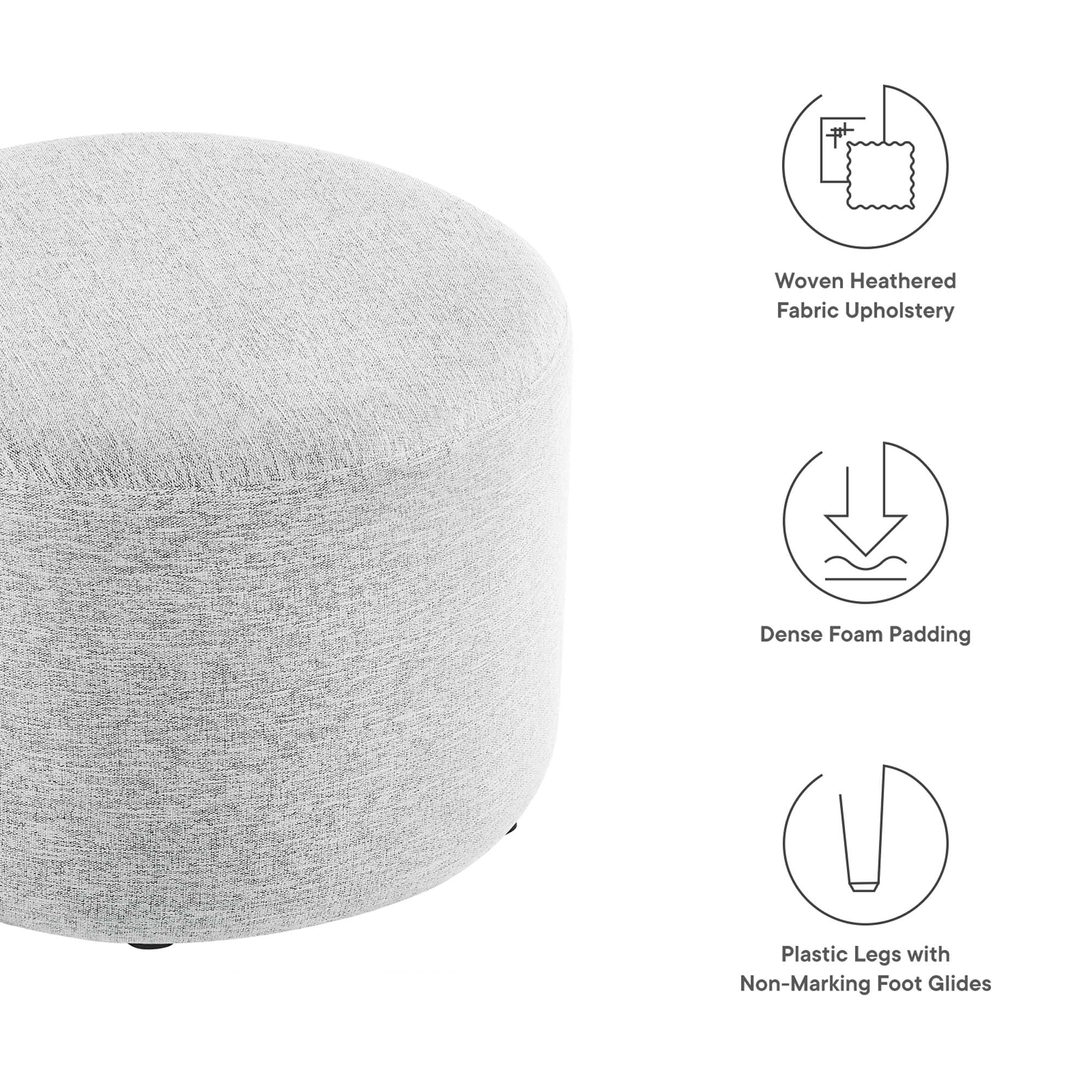 Callum Large 23" Round Woven Heathered Fabric Upholstered Ottoman, Heathered Weave Light Gray