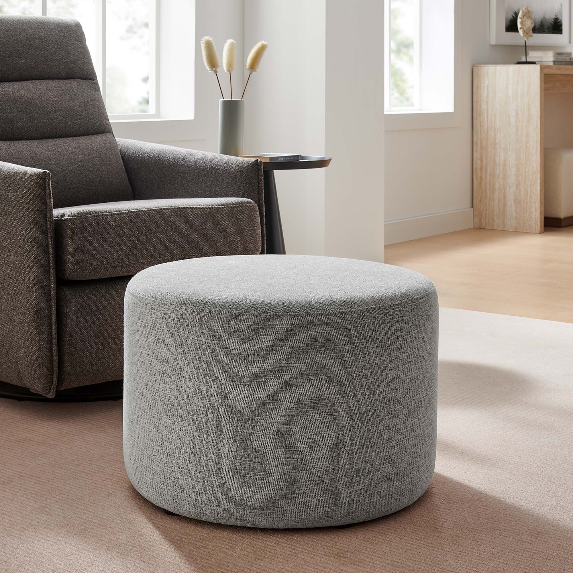 Callum Large 23" Round Woven Heathered Fabric Upholstered Ottoman, Heathered Weave Light Gray
