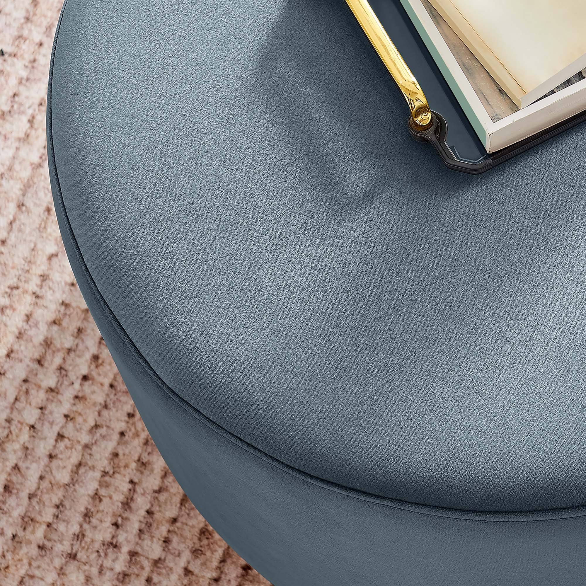 Tilden Large 23" Round Performance Velvet Upholstered Ottoman, Cadet Blue Natural