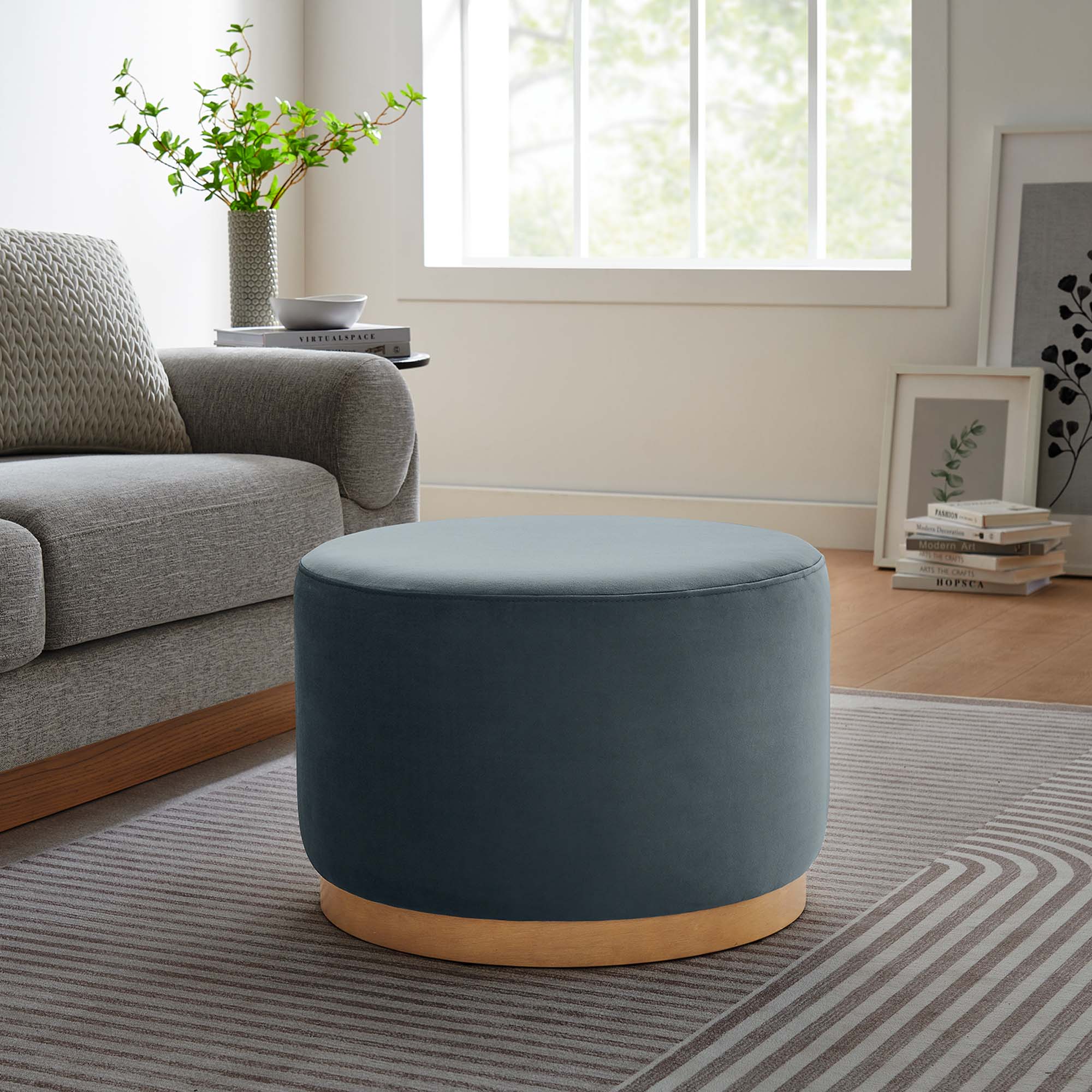 Tilden Large 23" Round Performance Velvet Upholstered Ottoman, Cadet Blue Natural